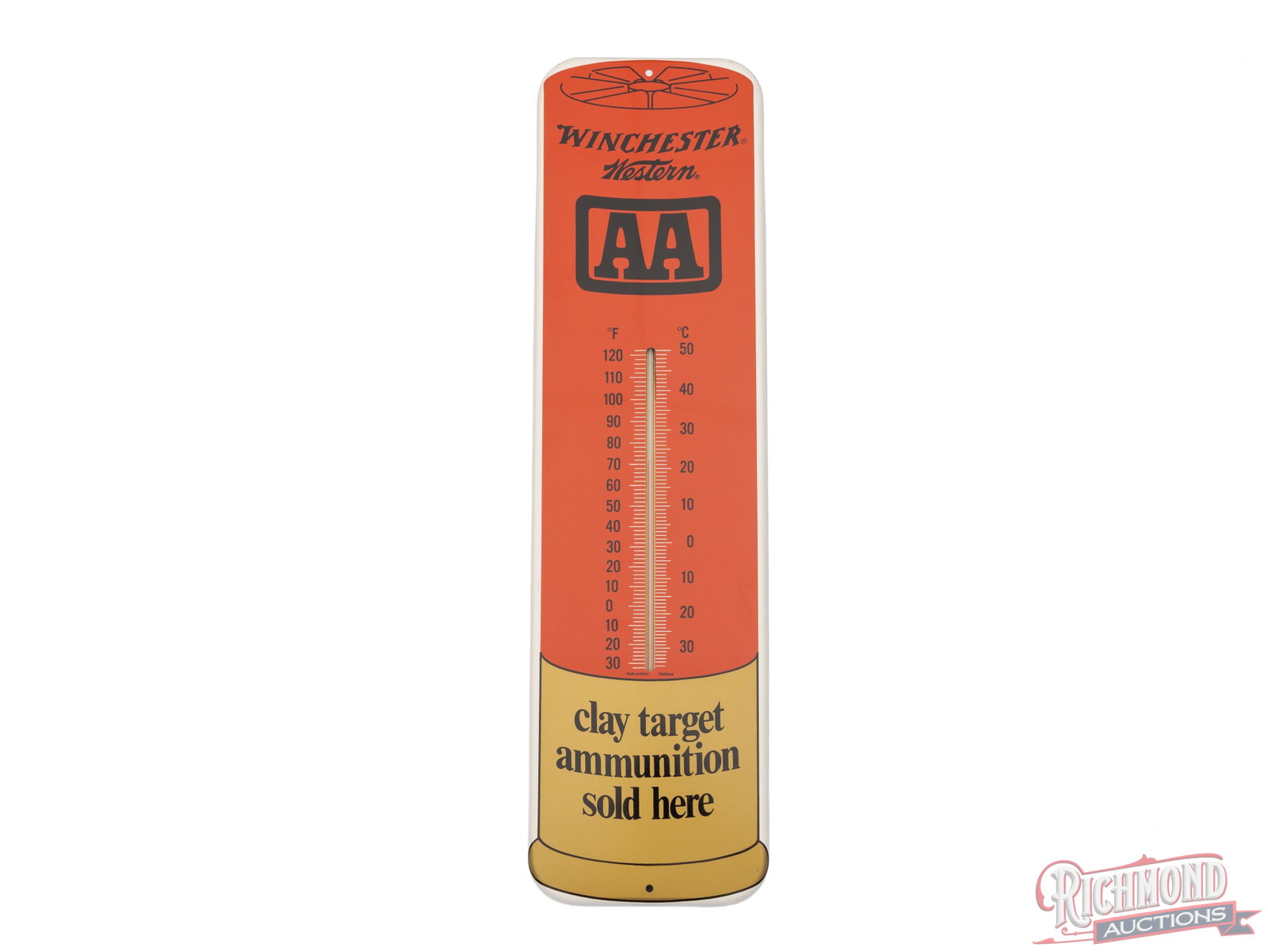 Winchester Western AA Shotshell Advertising Tin Thermometer: Winchester Western AA shotshell shaped thermometer. Advertising "CLAY TARGET AMMUNITION SOLD HERE". Measures 26-1/2" tall and 7" wide. This vintage thermometer is in great condition overall and appear