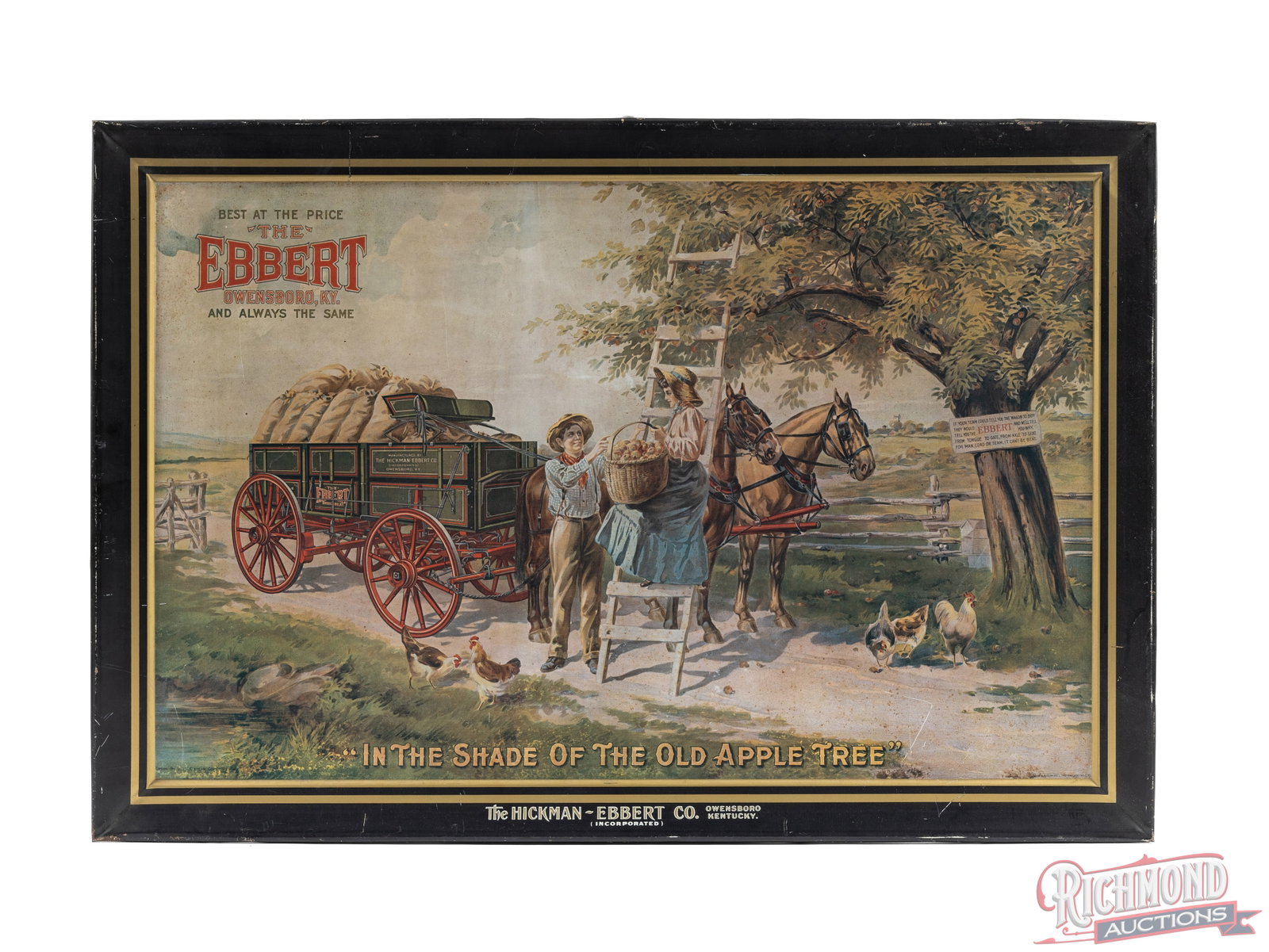 "The Ebbert" Tin Lithograph "In the Shade of The Old Apple Tree": This tin lithograph was made for the Hickman-Ebbert Co. of Owensboro, KY. It features of a country scene advertising "The Ebbert" wagon. It measures 23 1/2"x 34 1/2" and has "Chas W Shonk Co Litho,