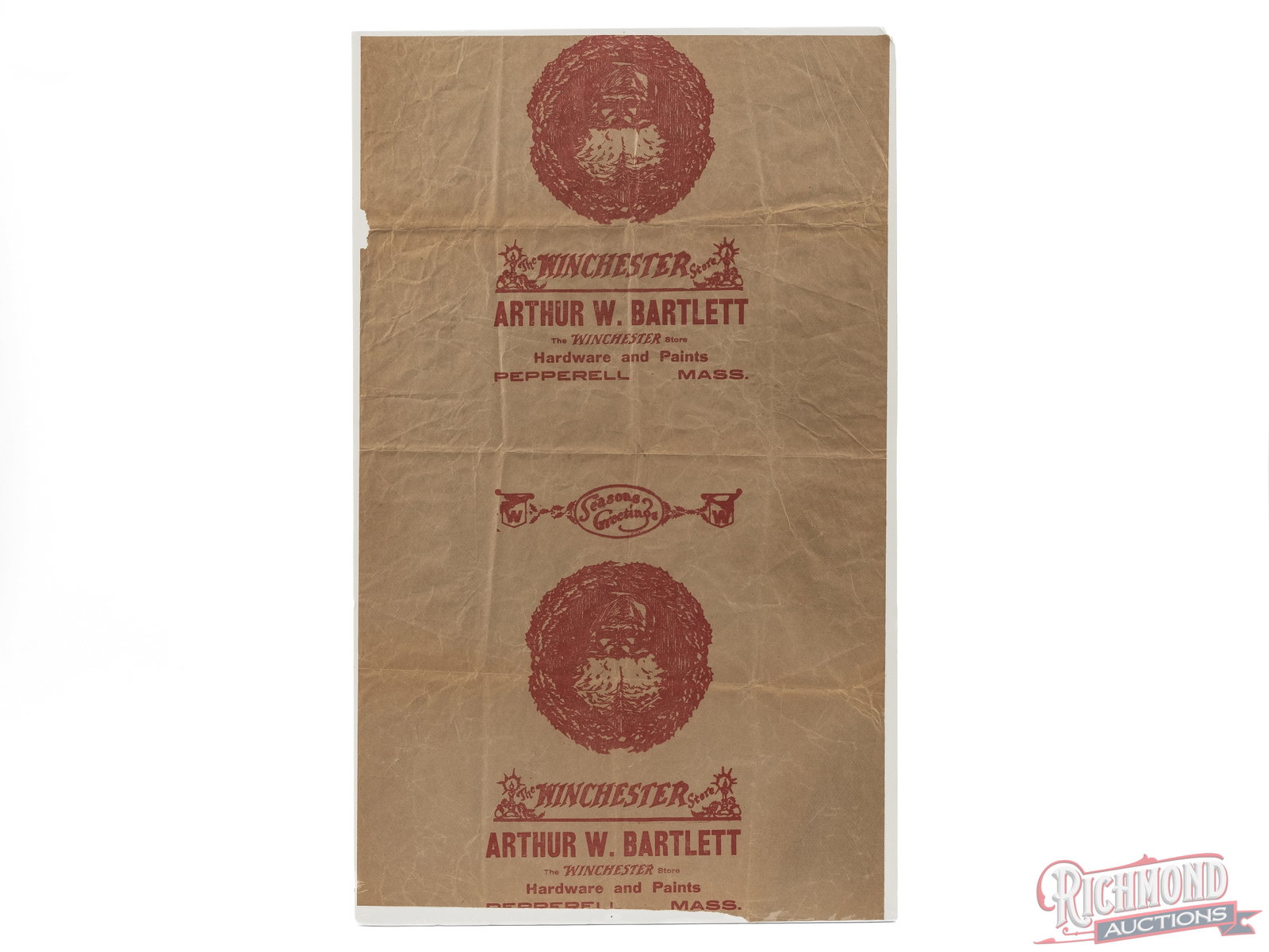 "The Winchester Store" Brown Paper Advertisement Pepperell, Mass.: This is a paper advertisement from the Arthur W. Bartlett Hardware and Paints in Pepperell, Mass. It is shrink wrapped to a foam board and measures 30 1/2"x 18 1/2". Condition FAIR