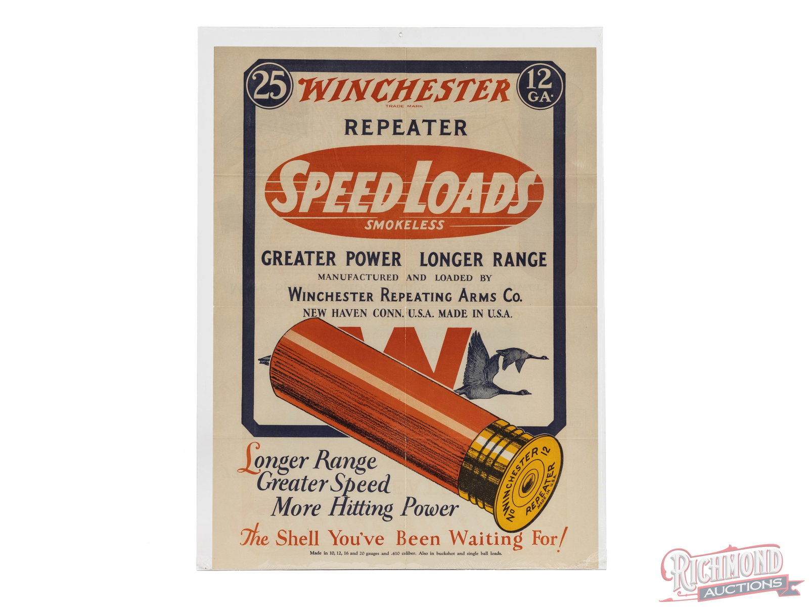 Winchester Repeater Speed Loads Fold Out Advertisement: This is a fold out advertisement for Winchester Repeater Smokeless Speed Loads. It measures 24"x 18" and is shrink wrapped in plexiglass sheets. The back side of the full ad shows more info and specs
