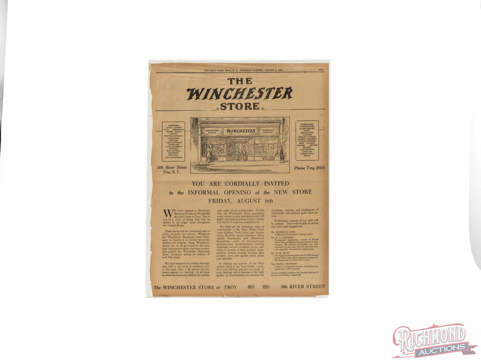 Full Page Ad "The Winchester Store" Opening From The Troy Times: This is a full page ad from August 5, 1920 issue of The Troy Times, Troy, NY. The ad is for the "The Winchester Store" in Troy, NY announcing the informal opening of the store. The paper measures