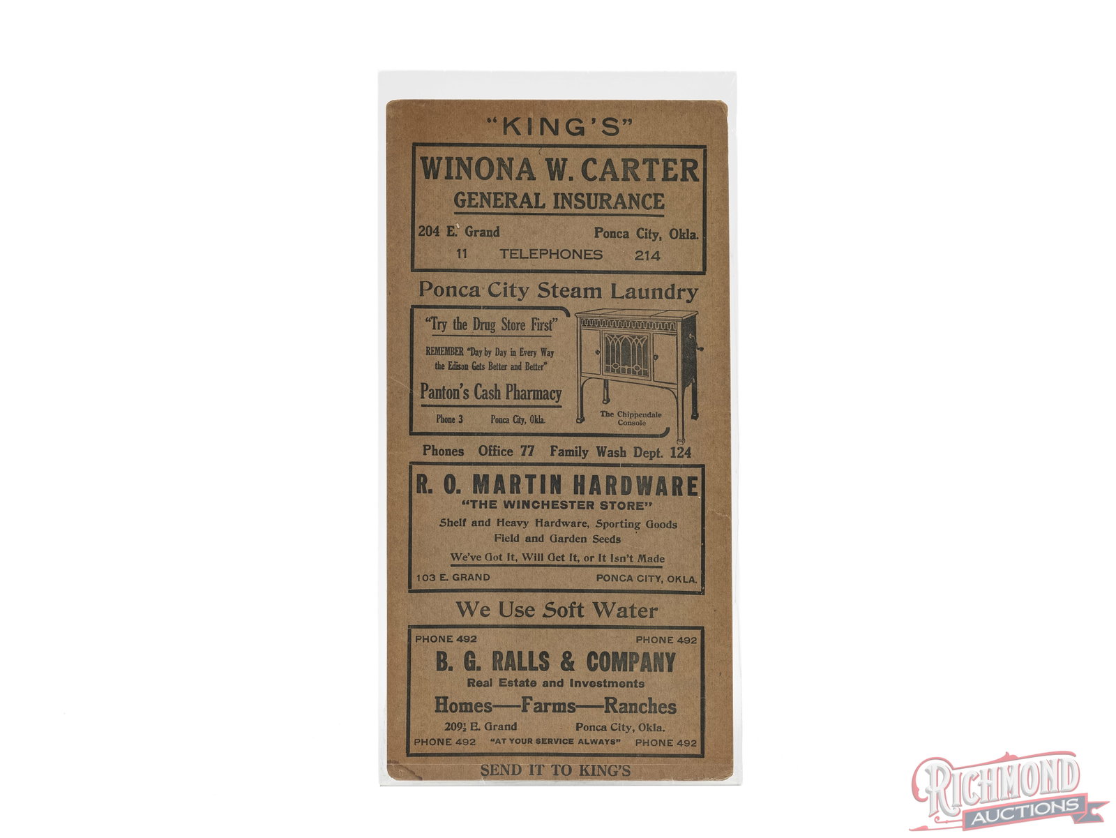 Cardboard Advertisement "The Winchester Store" Ponca City, OK: This cardboard advertisement measures 16 1/2"x 8 1/2" and features 8 different businesses in the Ponca City, OK area. One particular store is the R. O. Martin Hardware "The Winchester Store" in Ponca