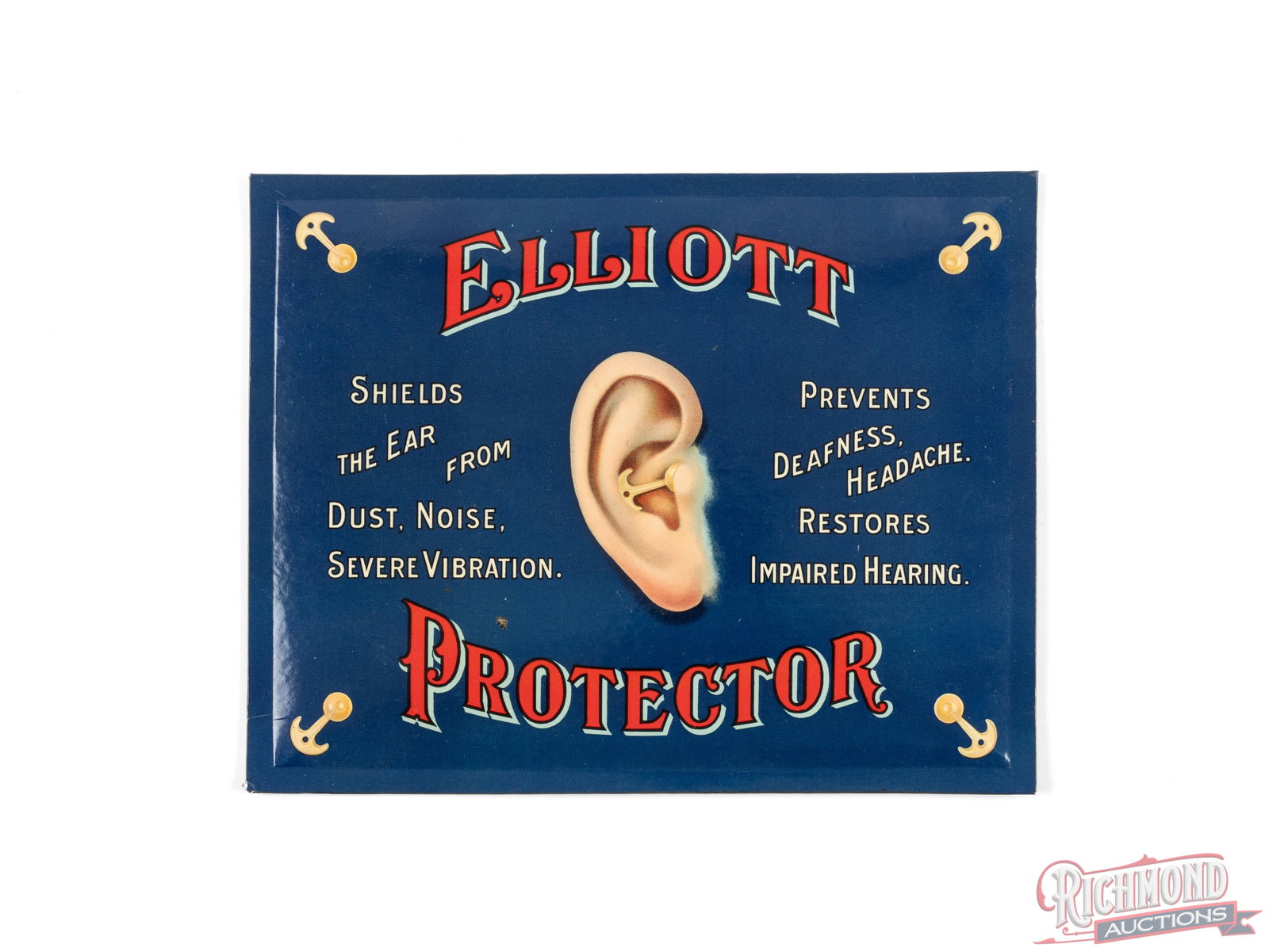 Elliott Protector Hearing Protection Countertop Advertising Sign: This sign measures 7 1/2"x 9 1/2" and is made with a cardboard easel to stand up on countertops. It was made for the Elliott Protector hearing protection. It still shows great color and has the