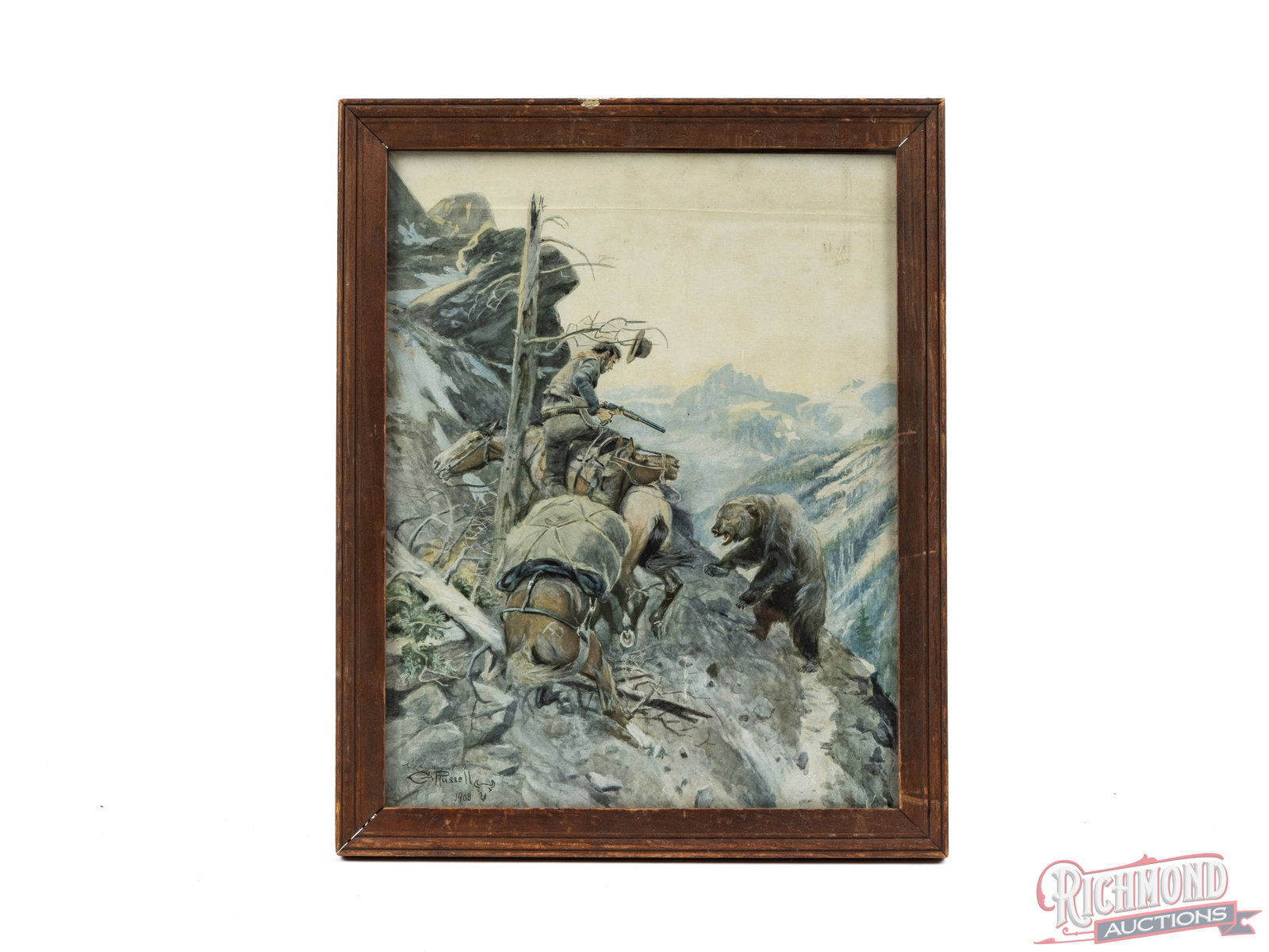 Framed Print of "A Disputed Trail" Hunter V. Bear Scene By CM Russell: This framed print of the original watercolor titled "A Disputed Trail" depicts a scene of a hunter on horseback in an encounter with a bear on a mountainside. The bottom left has the signature of "CM