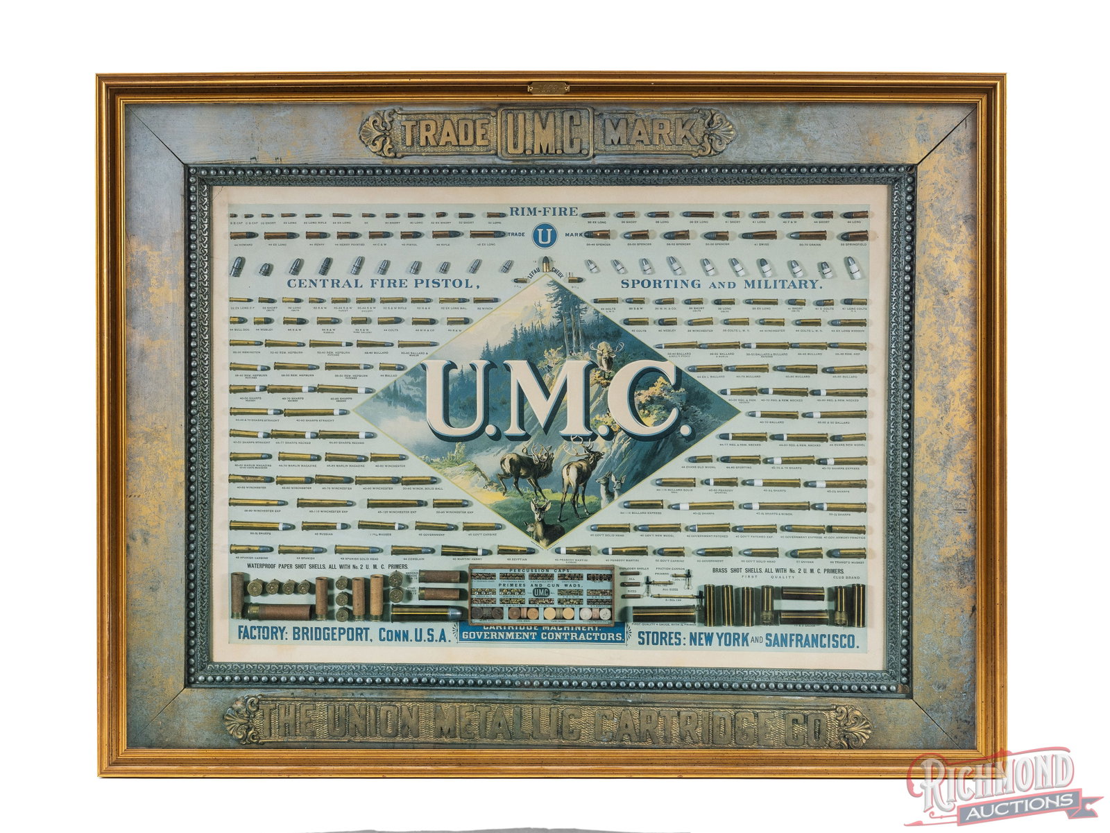 Framed Reproduction 1889 U.M.C. Cartridge Lithograph: Professional framed reproduction 1889 Lithograph of U.M.C. cartridge offerings measuring 32" x 25" Condition EXCELLENT with clear graphics