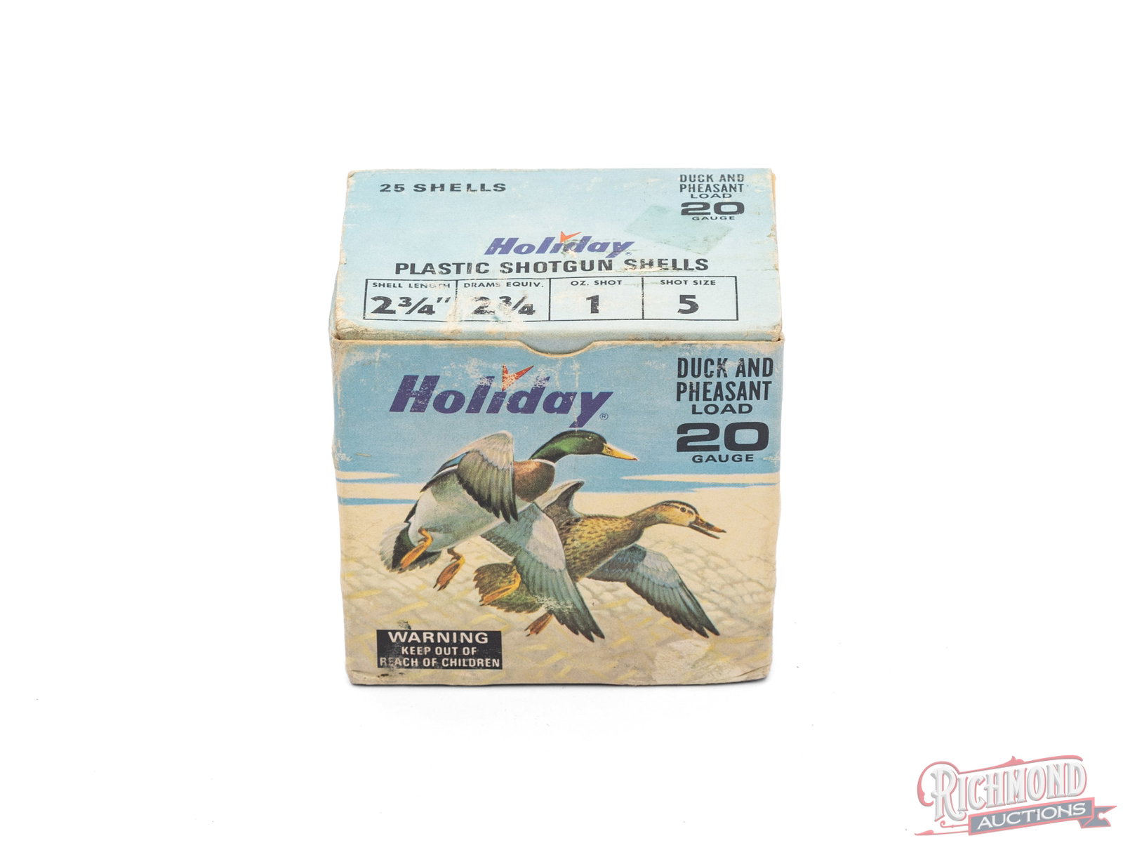 Full Box of Holiday 20 Gauge Duck And Pheasant Load 2 3/4" shells: This is a full box of 20 gauge Duck and Pheasant load 2 3/4" shells made for Holiday Stores. The box features the graphics of flying pheasants. The plastic shells are loaded with #5 shot. CALIBER/GA: