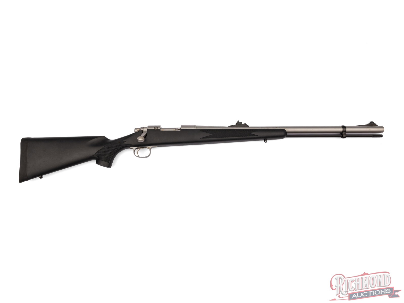 Remington Arms Model 700 ML .54 Cal Bolt Action Muzzleloader Rifle: Manufactured by Remington Arms in September 2008 according to date code "DC". Features a 24" matte stainless barrel with rear adjustable notch and ramped front blade front sights. Built on the model 7