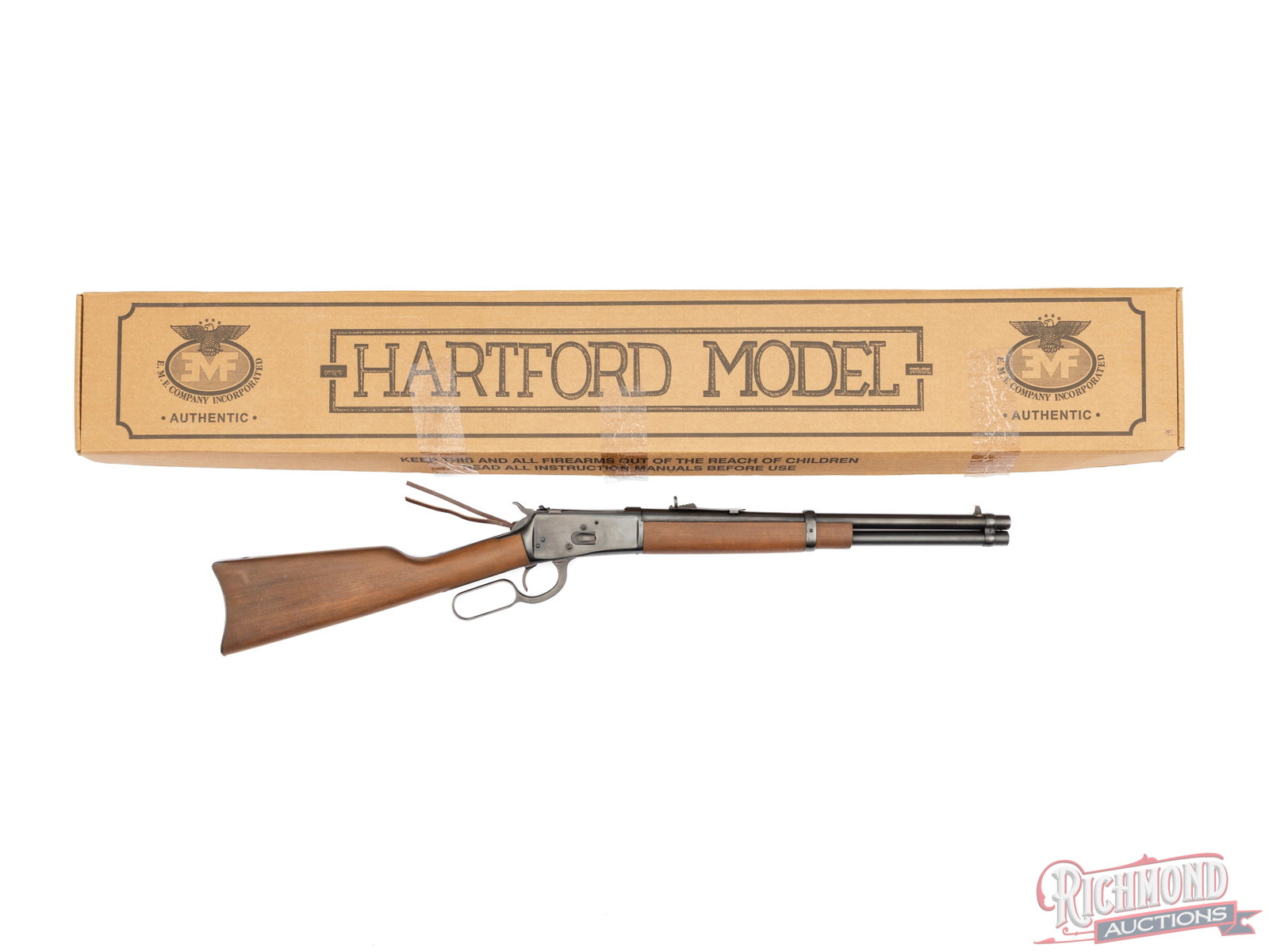 EMF Company Hartford Model Lever Action Saddle Ring Carbine 16" Barrel .45 Colt: This Hartford model lever action rifle was made by A. Rossi in Brazil and is chambered in .45 Colt. It features a 16" round barrel with blade front sight and buckhorn rear sight. It is fitted with a w