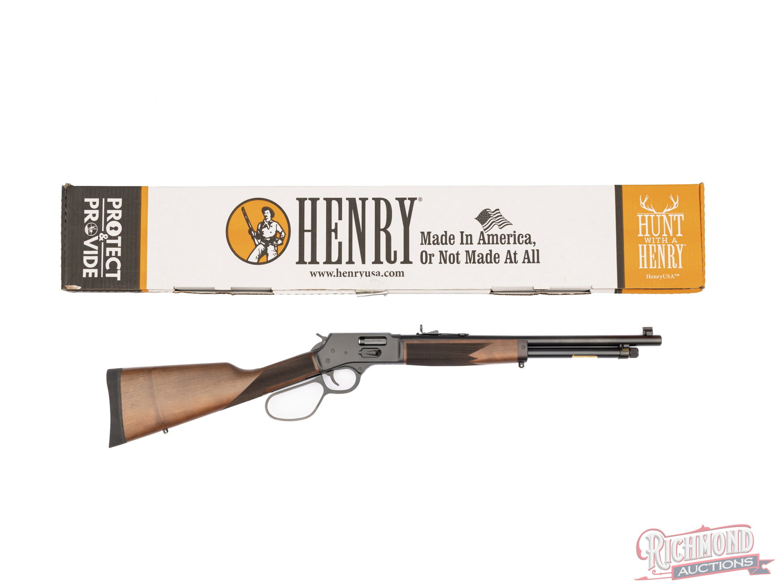 Henry H012GCR Big Boy Carbine Lever Action Rifle .45 Colt in Original Box: Manufactured by Henry. Features a 16-1/2" round blued barrel with rear adjustable buckhorn sight and blade with brass bead front. Near full barrel length magazine tube, chambered for .45 Colt
