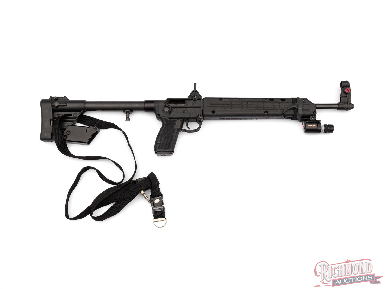KelTec Sub 2000 Semi-Automatic Folding 9mm Carbine: This folding carbine was made by KelTec in Cocoa, FL and chambered in 9mm Luger. the Sub 2000 is known for its unique folding feature for easier storage and is made to accept Glock compatible