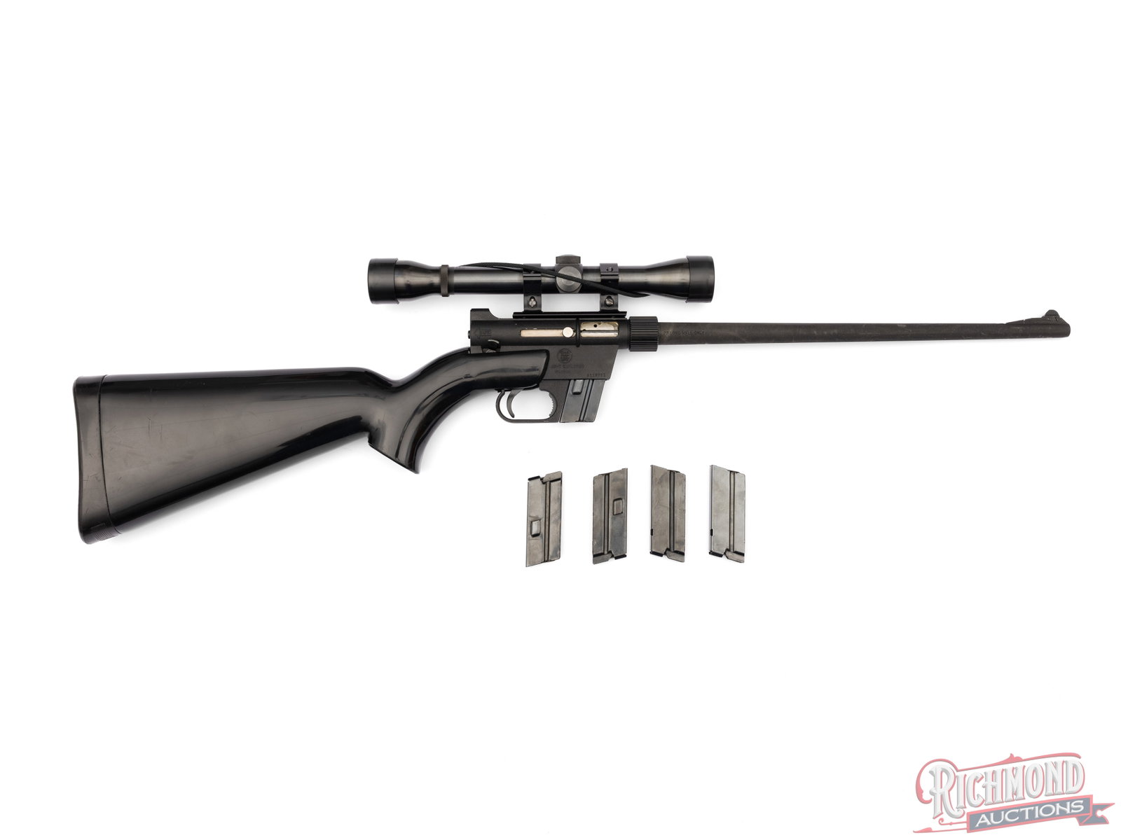 Charter Arms AR-7 Explorer Semi-Automatic Survival Rifle In .22 LR with Weaver Scope: Manufactured by Charter Arms circa 1980's. This survival rifle features a 16" matte finished barrel with ramped blade front sight. Equipped with a Weaver Marksman 4X riflescope. Semi-automatic action 