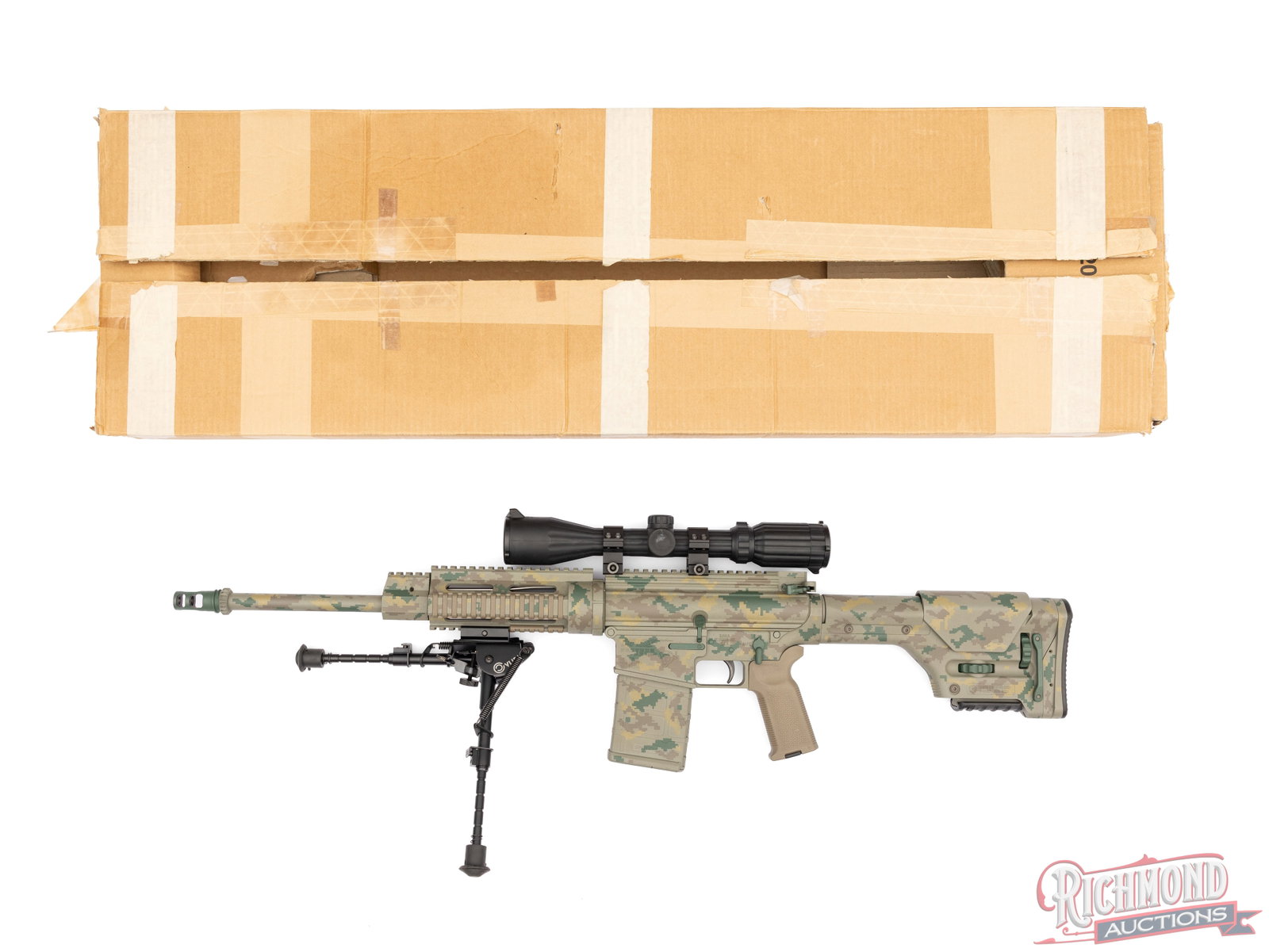 DPMS Panther Arms LR-308 Camo AR Style .308 WIN Semi-Auto Rifle With Scope & Accessories: Manufactured by D.P.M.S. Panther Arms in St. Cloud MN. This AR style platform features a factory 16" barrel with 1/10 twist rate and muzzle brake. 7" barrel guard with quad Picatinny rails. Semi-autom