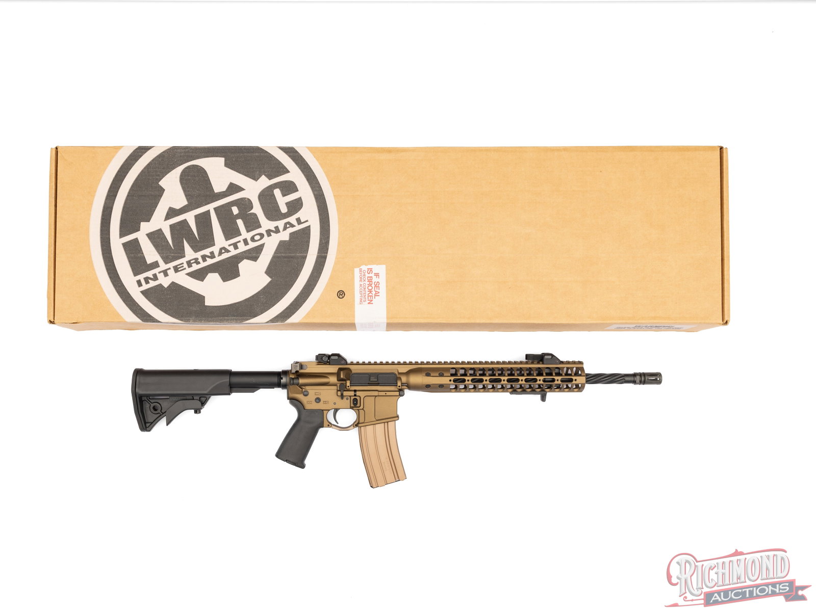 LWRC IC-DI AR Style 5.56 Nato / .223 REM RSR Exclusive Burnt Bronze Semi-Auto Rifle in Original Box: Manufactured by LWRC International in Cambridge, MO. This is an RSR dealer exclusive in burnt bronze finish. Features a 16.1" helical fluted barrel with an A2 flash hider in matte blued finish. 11"
