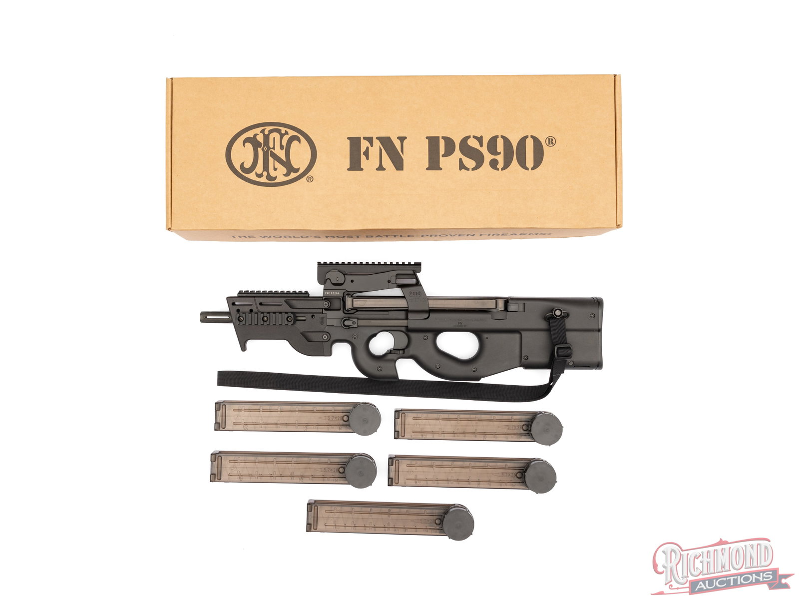 FN America PS90 Bullpup 5.7x28mm Semi-Automatic Rifle In Original Box with Accessories: Manufactured by FN America. This bullpup rifle features a 16.04" mil-spec barrel with a 2" muzzle brake. Chambered for the 5.7x28mm cartridges. Semi-automatic action using a blowback operation and