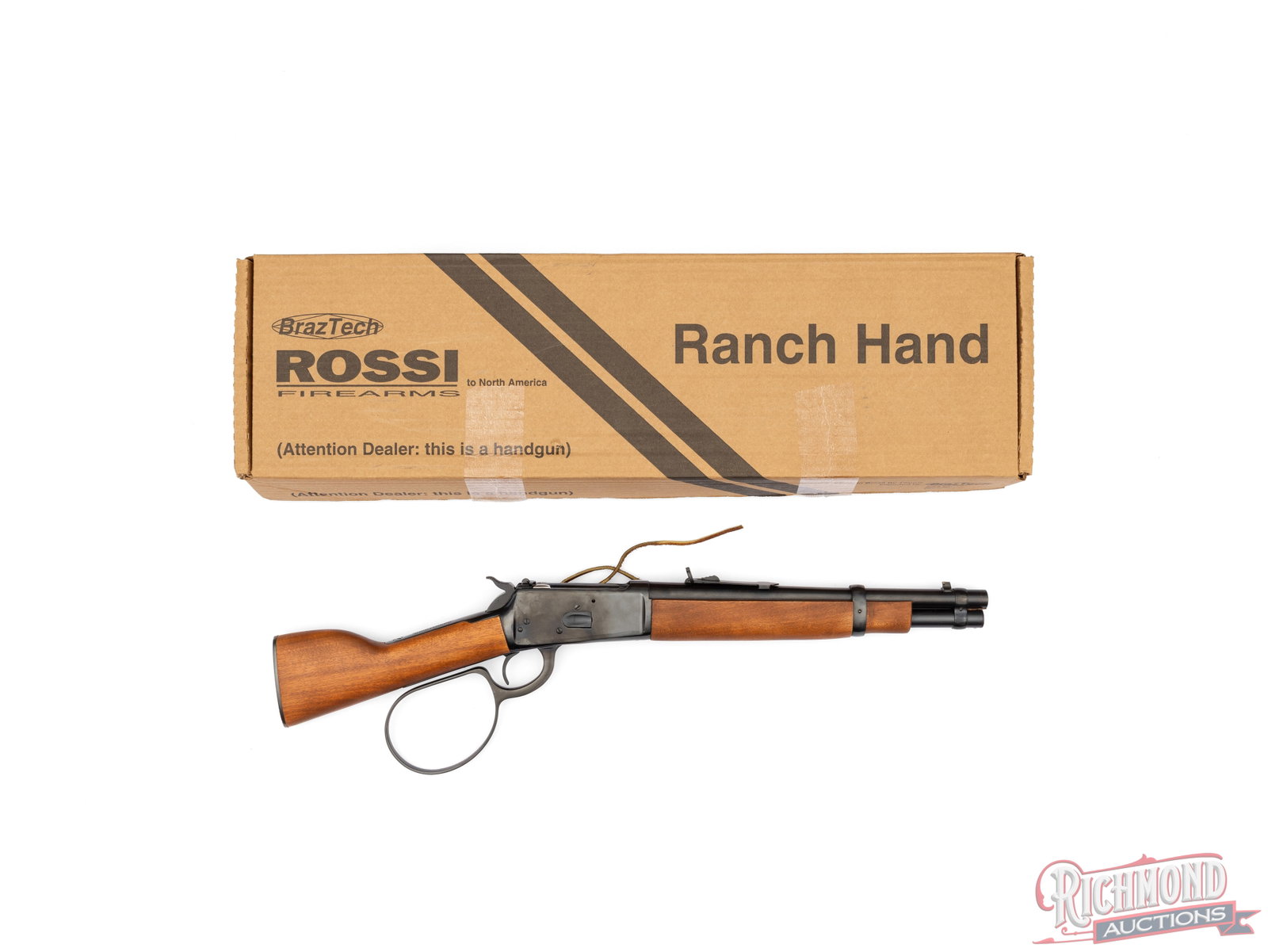 Rossi R92 Ranch Hand .44 MAG Mares Leg Large Loop Lever Action Pistol In Original Box: Manufactured by Taurus in Brazil for Braztech Rossi. Features a 12" blued barrel with rear adjustable semi-buckhorn and blade with brass bead front sight. Blued lever action with saddle ring, large