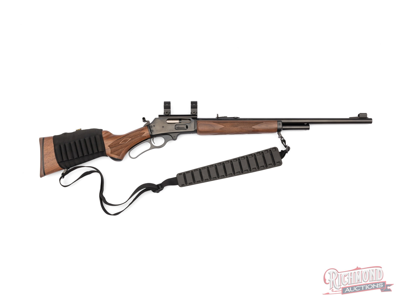 Marlin Firearms Model 1895 .45/70 GOV'T Lever Action Rifle With Scope Mounts: Manufactured circa 2011 by The Marlin Firearms Co., New Haven, CT address. Features a 22" blued barrel with rear elevation adjustable notch and hooded ramp front. 2/3 barrel length magazine tube.