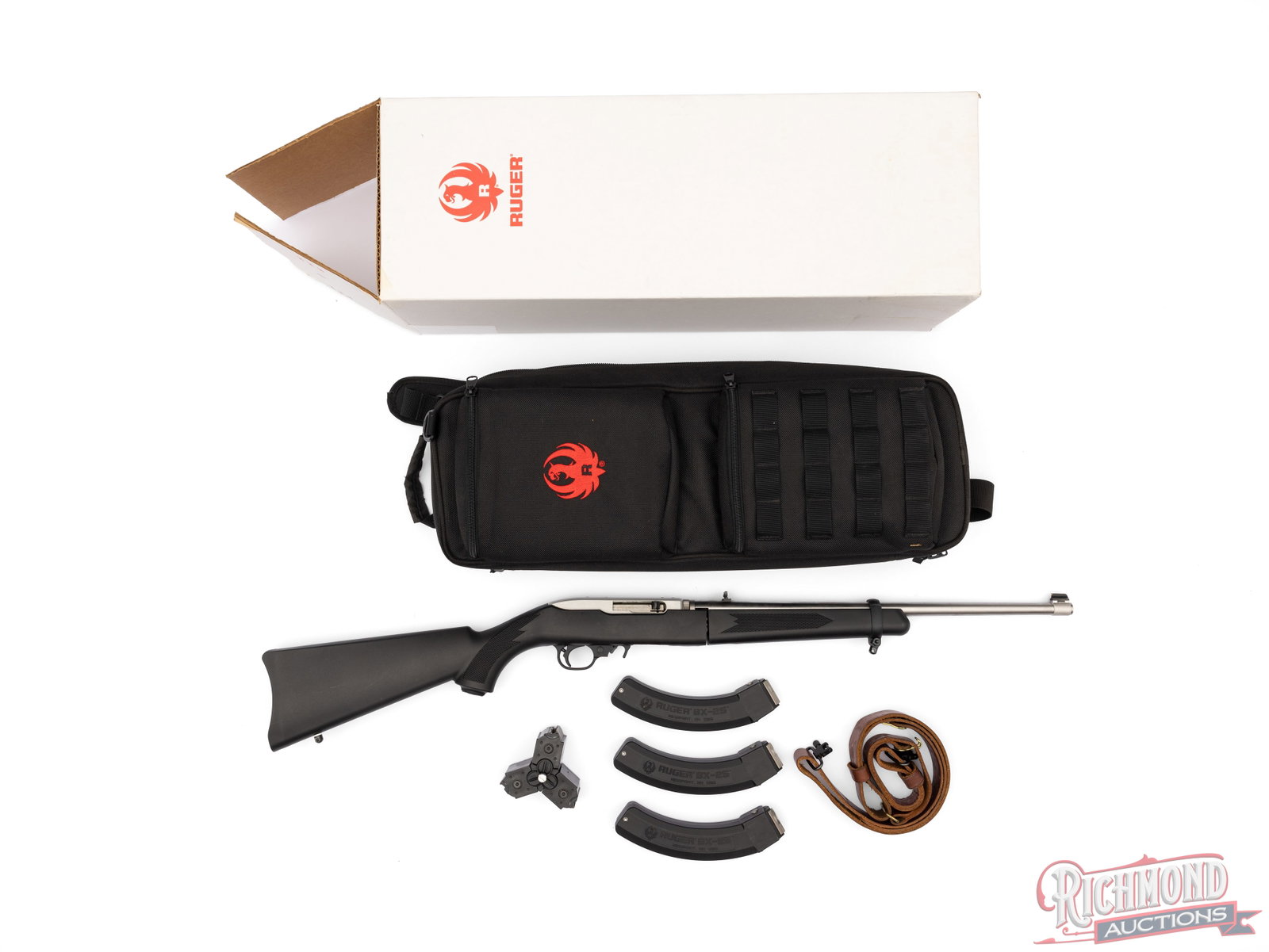 Ruger 10/22 Stainless Steel .22 LR Semi-Automatic Take-Down Rifle Set: Manufactured by Ruger in Newport, NH. Features an 18-1/2" stainless steel barrel with rear flip-up leaf and blade with brass bead front sight. Semi-automatic action with crossbolt safety and