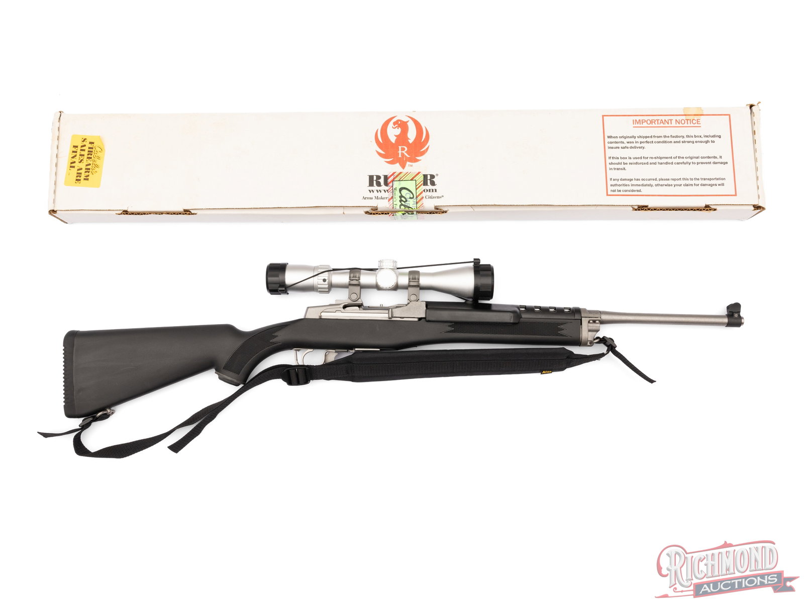 Ruger Mini-14 Ranch Rifle 5.56 NATO Semi-Auto Rifle With Scope & Factory Box: Manufactured by Ruger in 2014. Features an 18-1/2" matte stainless barrel with shrouded blade front sight a Cabela's 3-10x40 Powderhorn scope. Garand style action with trigger guard safety lever.