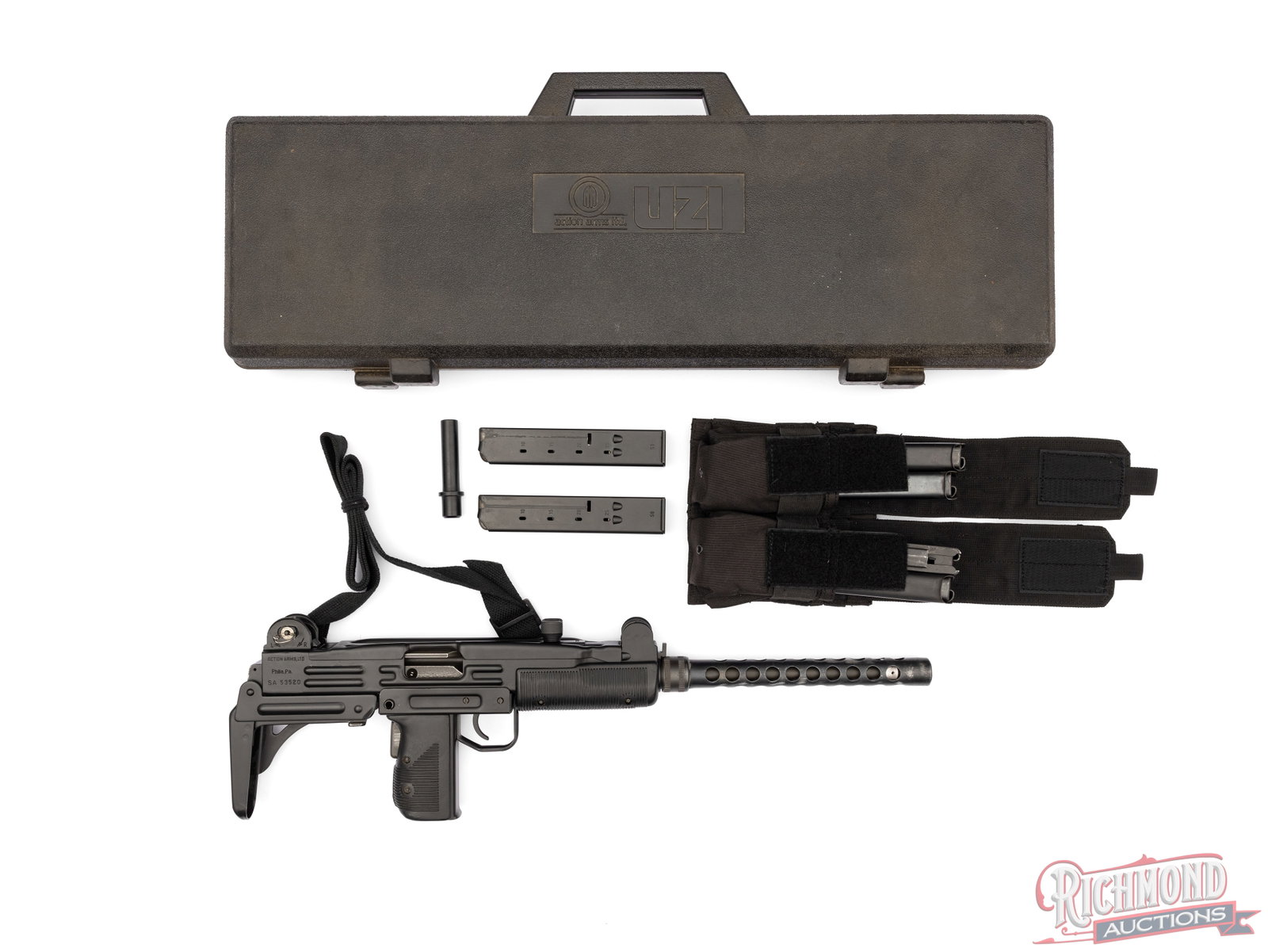 IMI Israel UZI Semi Auto Model B Carbine W/Case And Extra Magazines 9mm Parabellum: This Uzi Carbine was made by IMI-Israel and imported by Action Arms Philadelphia, PA and chambered in 9mm parabellum. This semi auto carbine features a 16 1/4" barrel with vented shroud, post front