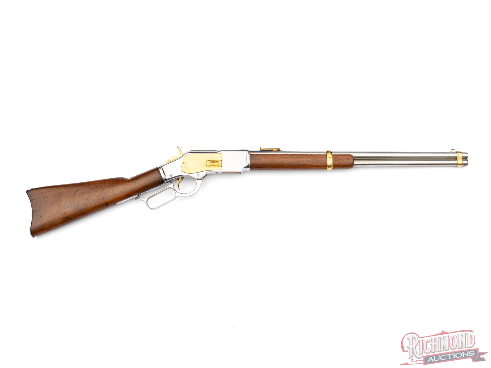 Antique Winchester 1873 Saddle Ring Carbine Lever Action Rifle In .44-40 Refinished Nickel: Manufactured by Winchester in 1888. This rifle has been refinished in an eye-catching nickel and gold tone plating. Features a 20" carbine length barrel with the two-line Winchester address barely