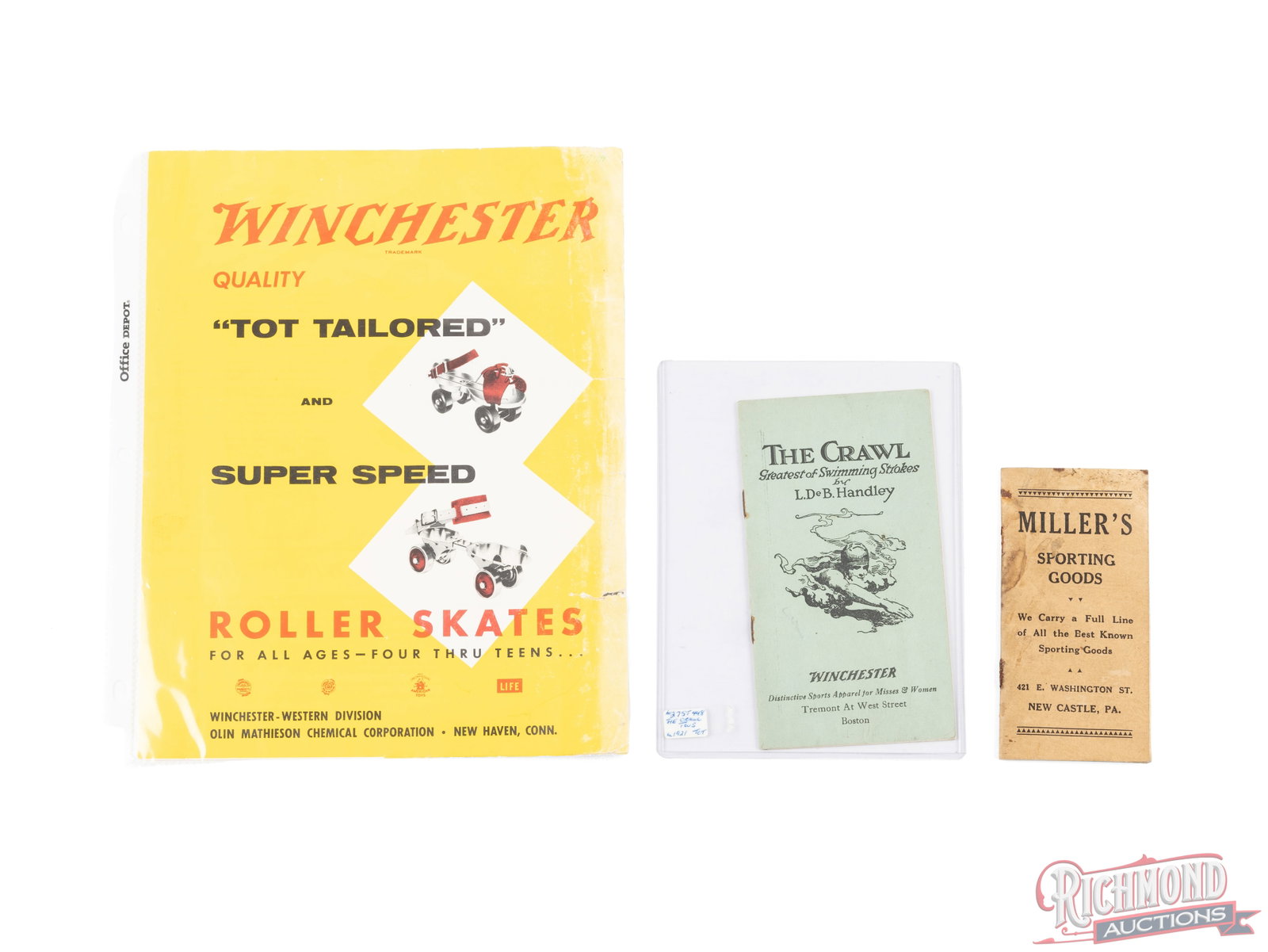 Three Winchester Booklets And Notepad: In this lot are 3 different booklets advertising Winchester products. There is a 1933 notepad for Miller's Sporting Goods, New Castle, PA. On the back of the notepad notes that baseball goods are made