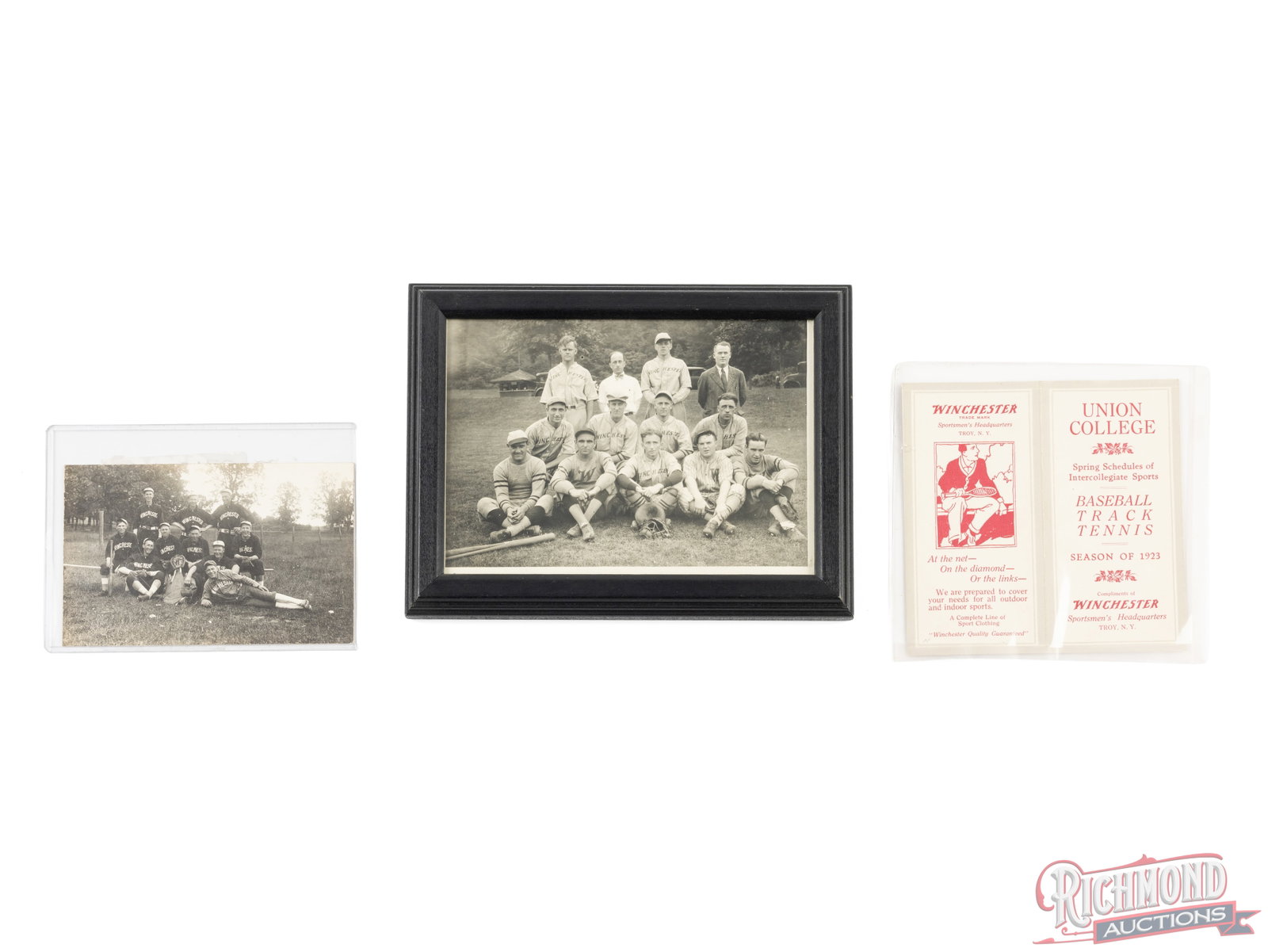 Winchester Baseball Team Photos And 1923 Union College Schedule: In this lot are 2 unique photos of the Winchester baseball team and a 1923 schedule for the Union College Baseball, Track, and Tennis teams. There is a framed photo with that has "Winchester Baseball 