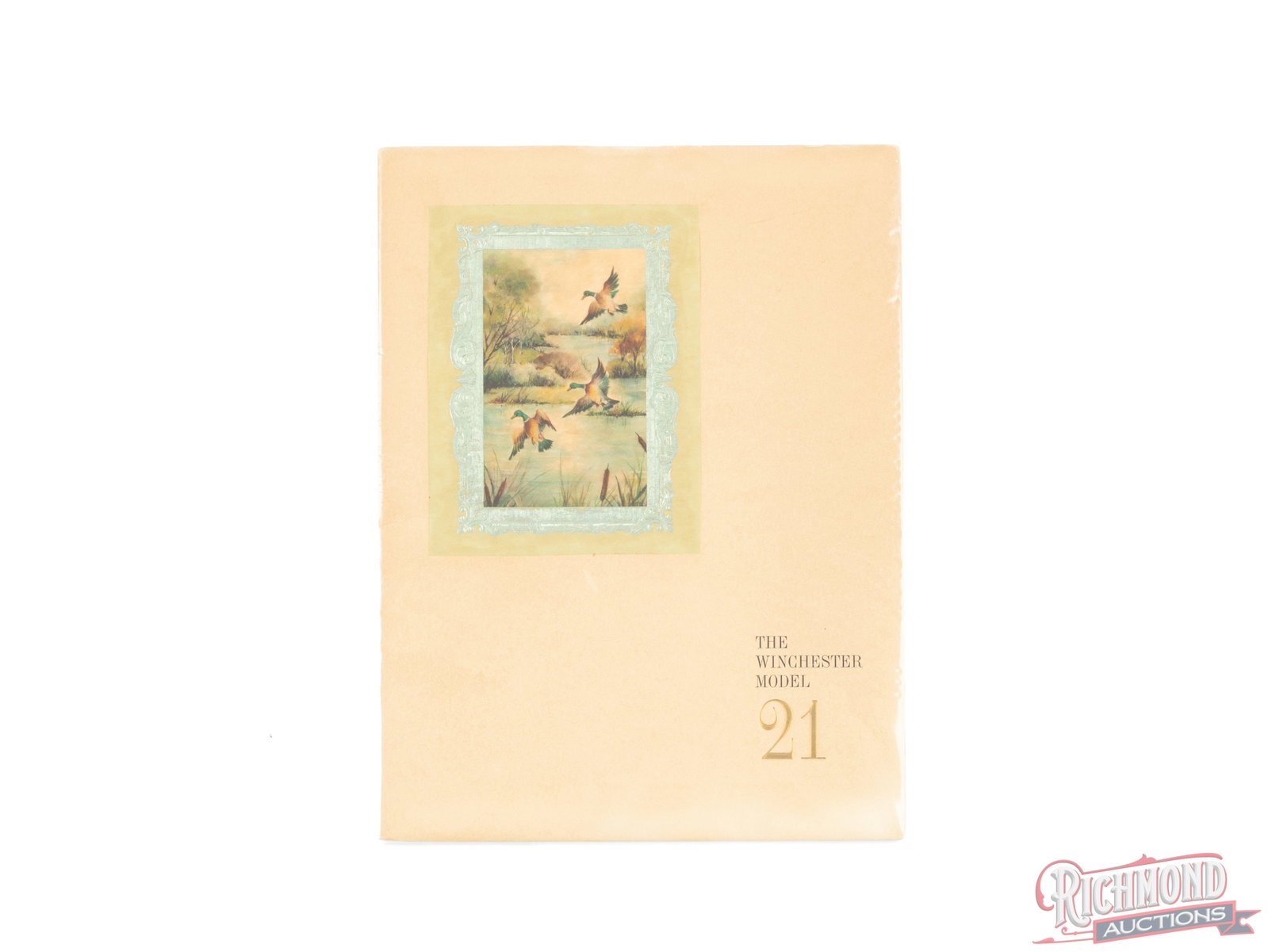 Winchester Model 21 Shotgun Catalog And Order Form: This booklet contains all available options, features, and specifications for the Model 21 Shotgun. It measures 7 1/2"x 10" and features artwork of flying mallard ducks on the frond surrounded by a