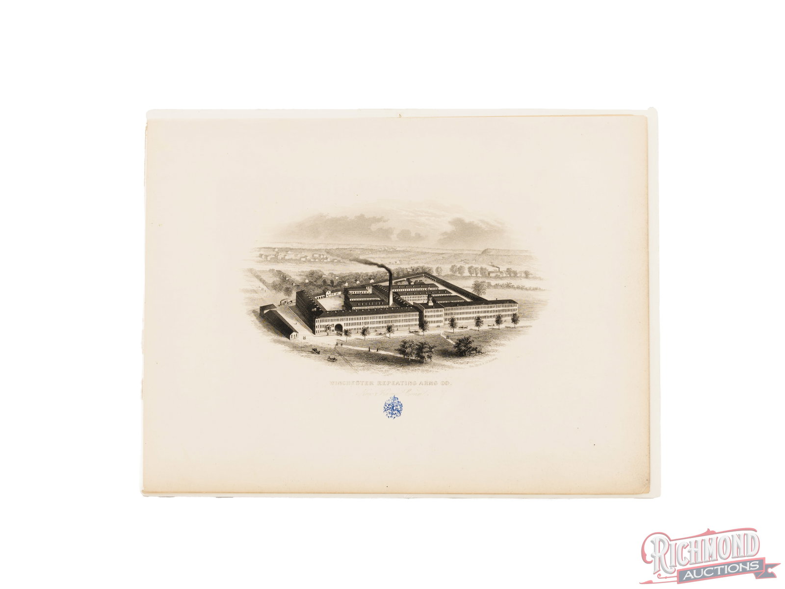 Winchester Repeating Arms Co. Factory Print: This is a print of the Winchester Repeating Arms Co. in New Haven, Conn. It measures 12 1/4"x 9 1/4" a is secured to a foam board with plastic shrink wrap. Below the image and the wording is the blue