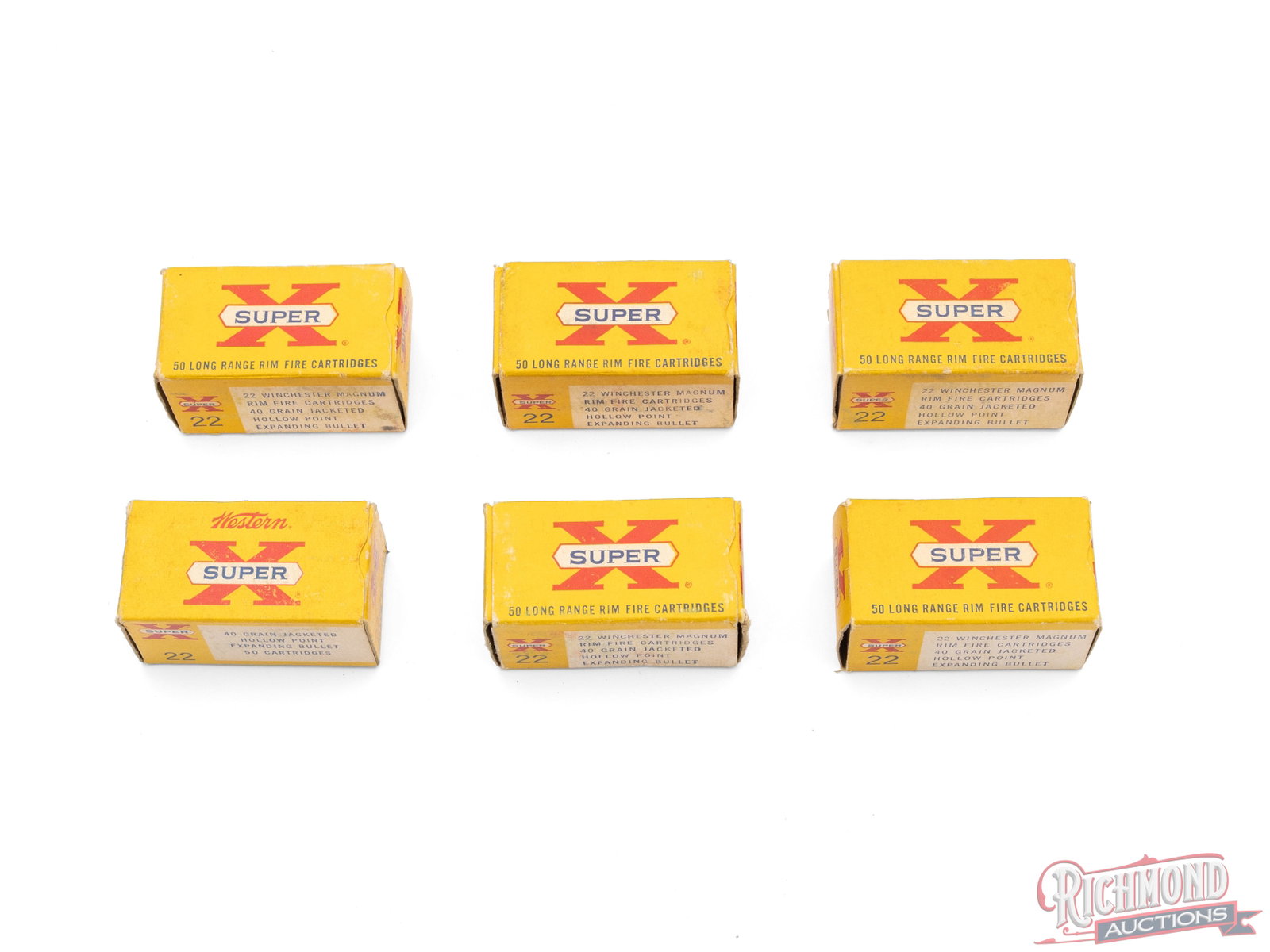 293 Rounds Of Western Super X .22 Winchester Magnum Rimfire: This lot contains 5 full boxes and one partial box of Western Super X .22 WMR cartridges. All boxes contain jacketed hollow points, but only one box is labeled as such. CALIBER/GA: .22 WMR. Condition