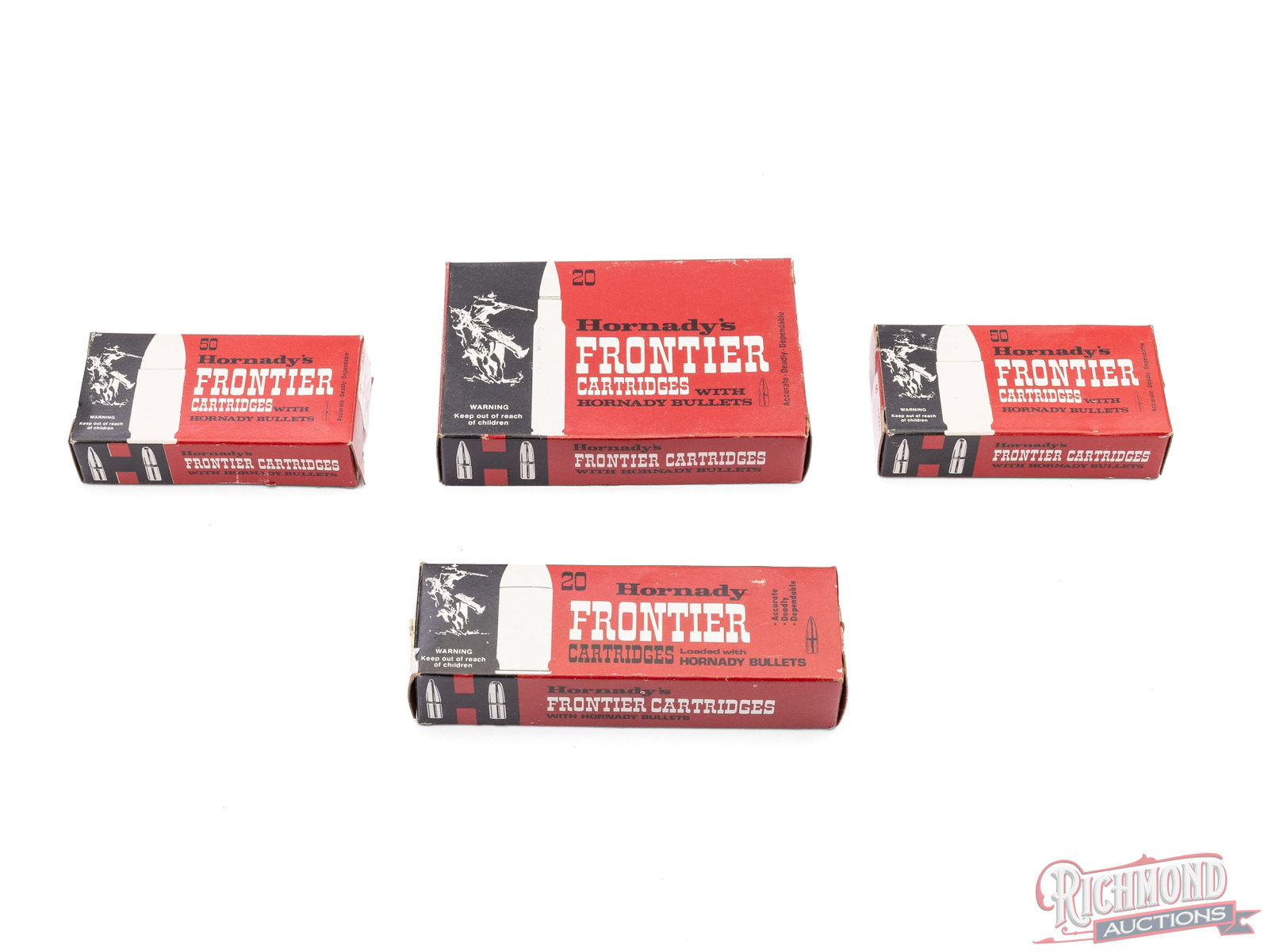 Four Boxes of Hornady Frontier Centerfire Cartridges Including .25 Suto, .45 Auto, And .270 Win: In this lot is 4 full boxes of Hornady Frontier Cartridges. Included is two 50 round boxes of 25 Auto, a 20 round box of .45 Auto, and a 20 round box of .270 Winchester Boat Tail spire point.