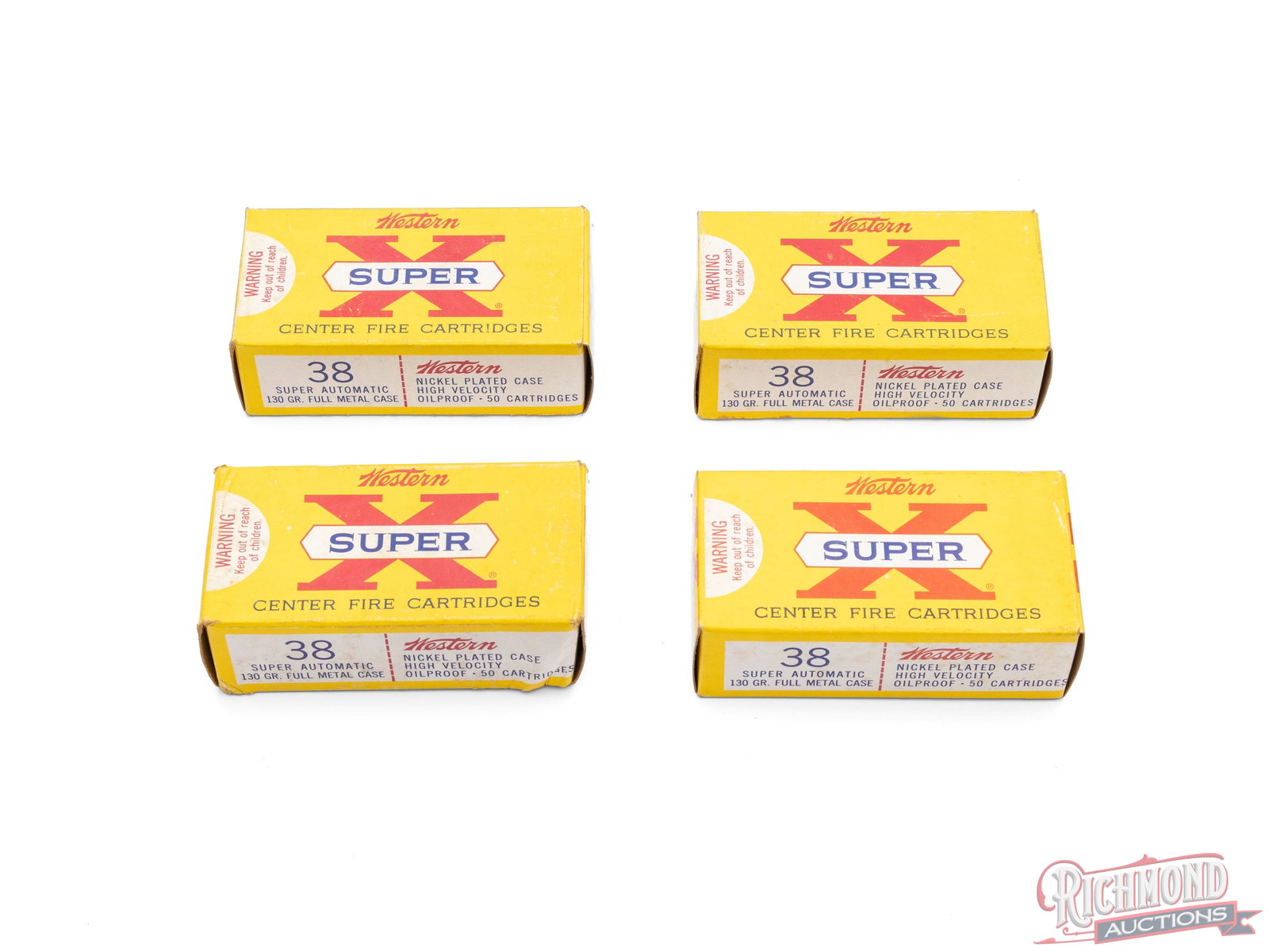 200 Rounds of Western Super X 38 Super Full Metal Case Cartridges: In this lot is 4 full boxes of Western Super X full metal case 38 Super Automatic cartridges. Cartridges have a 130 grain bullet and nickel plated cases. CALIBER/GA: 38 Super. Condition VERY GOOD