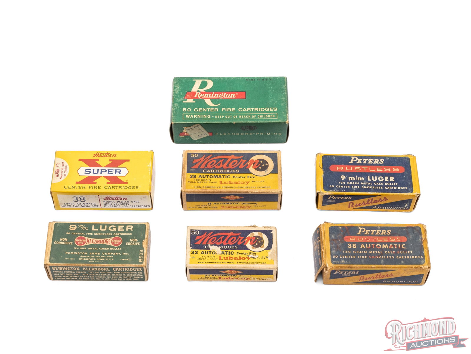 Lot Of Automatic Pistol Caliber Ammunition: Lot consists of 4 factory full boxes of 38 Auto, 2 factory full boxes of 9m/m Luger and partial box of 32 Automatic CALIBER/GA: 38 Auto/32Auto/9m/m Luger. Condition GOOD with boxes showing wear