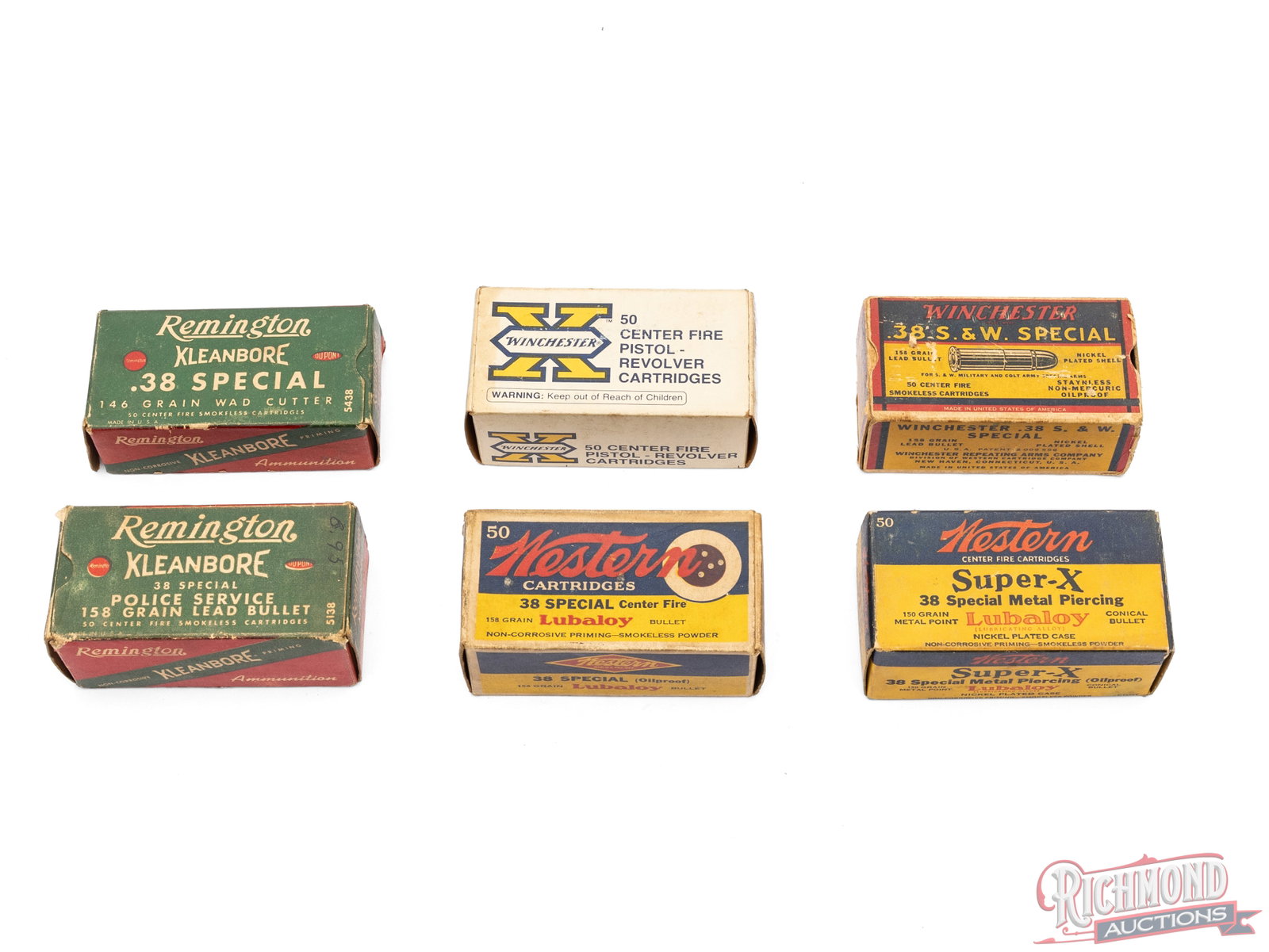288 Rounds Of Factory 38 Special Ammunition: Lot consists of 4 factory correct boxes, 1 mixed full and 1 partial CALIBER/GA: 38 Spl. Condition GOOD with boxes showing wear