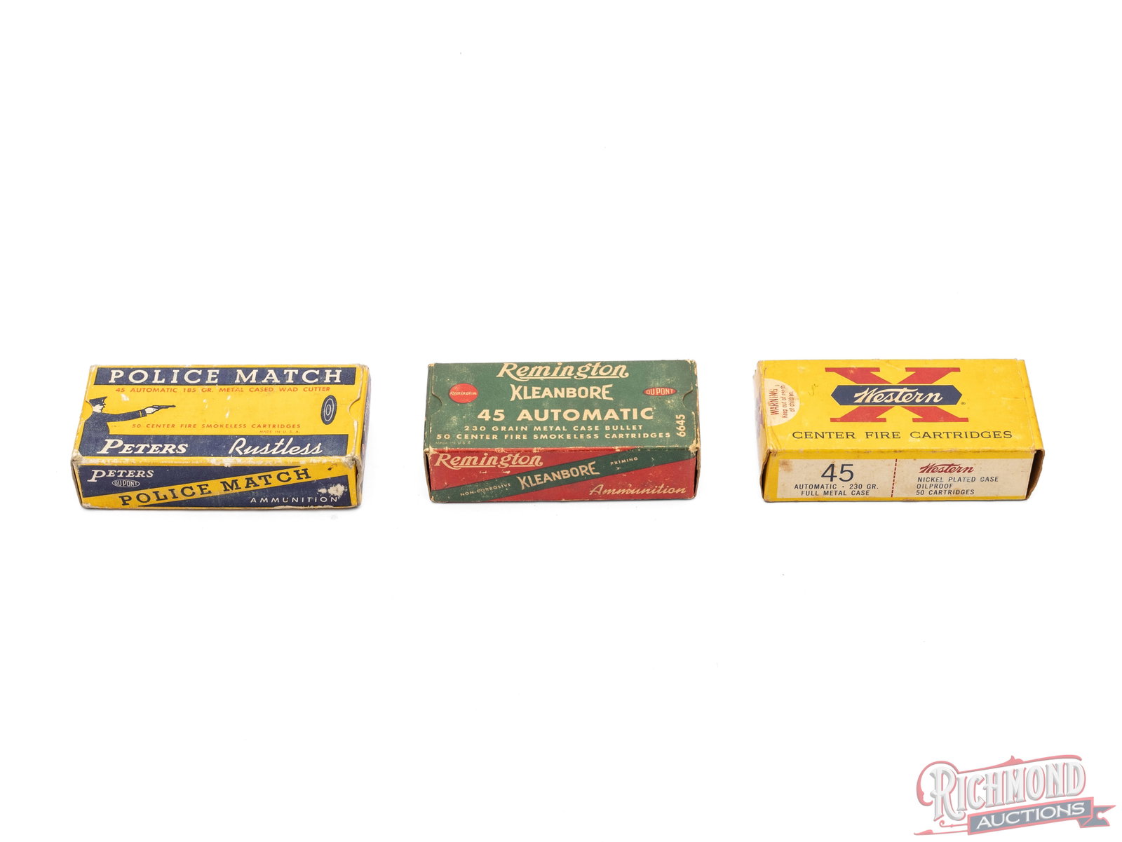 Lot Of 145 Rounds Of Factory 45 ACP Ammunition: Lot consists of 2 factory full boxes and one Super X box with 45 rounds CALIBER/GA: 45 ACP. Condition GOOD with boxes showing wear