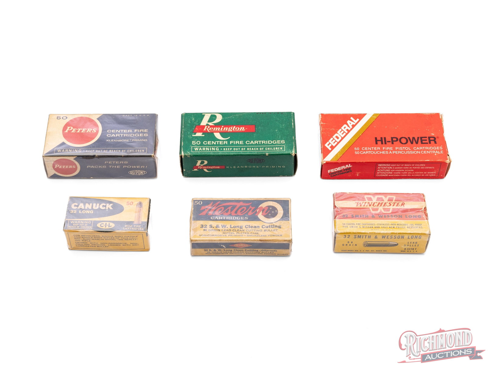 300 Rounds Of Factory 32 S&W Long Pistol Ammunition: Lot consists of 6 factory full 50 round boxes of 32 S&W Long pistol ammunition with some vintage. CALIBER/GA: 32 S&W Long. Condition GOOD with boxes showing wear