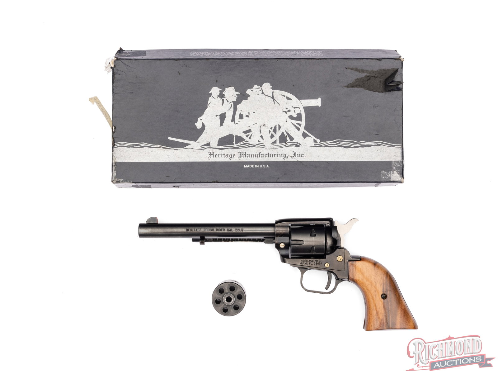 Heritage Mfg Rough Rider .22 LR / .22 MAG Combo Single Action Revolver in Original Box: Manufactured by Heritage in Miami, FL. This Rough Rider includes cylinders for .22 LR and .22 WMR, both 6-round. It features a 6 1/2" barrel with a blade front sight and integrated notch rear sight.