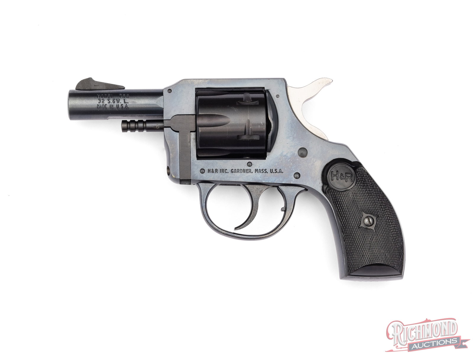 Harrington & Richardson Model 732 Double Action Revolver In .32 S&W Long: Manufactured by Harrington & Richardson in Gardner, MA. Features a 2-1/2" barrel with rear integrated notch and blade front sight. Double/single action with a six-round fluted cylinder chambered in