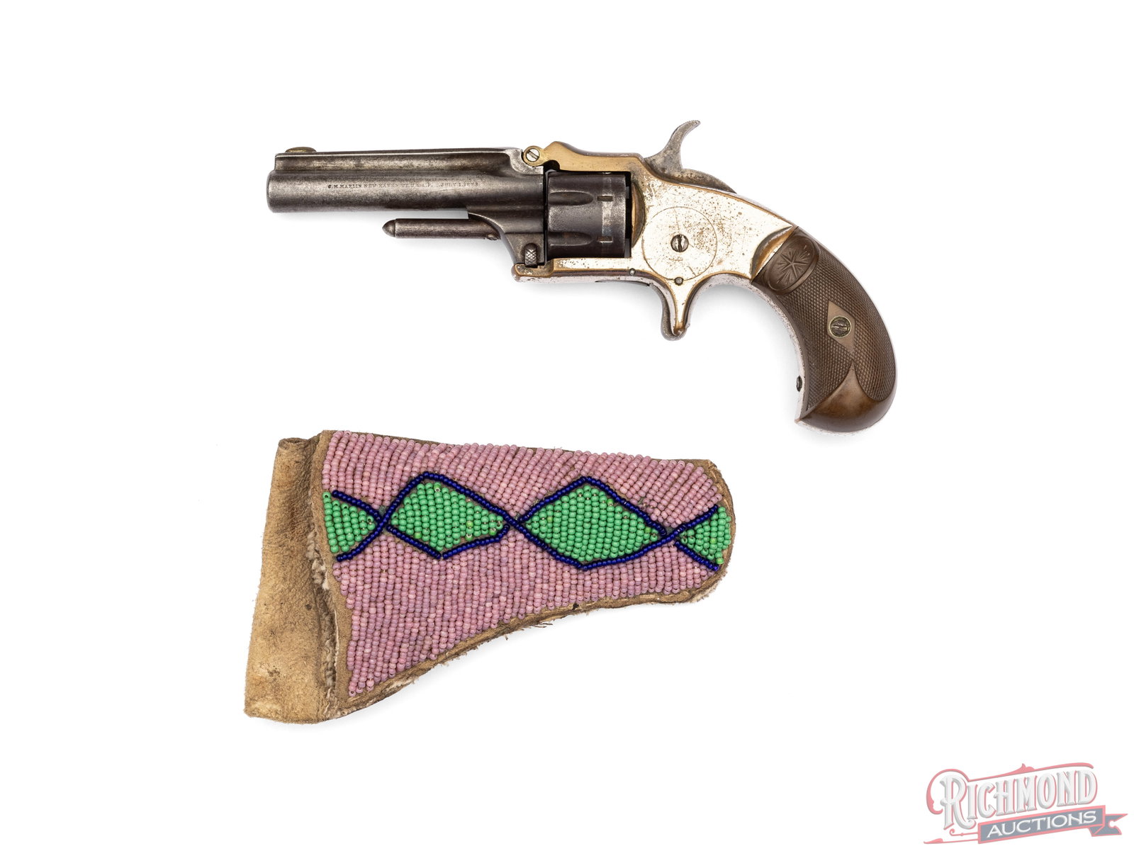 Antique Marlin XX 1873 Tip Up Barrel Pocket Revolver In .22 Long & Beaded Holster: Manufactured by JM Marlin in New Haven CT in the 1870's. This pocket revolver features a 3-1/8" solid rib barrel with a rear notch brass blade front sight. Top of the rib is stamped "XX. STANDARD