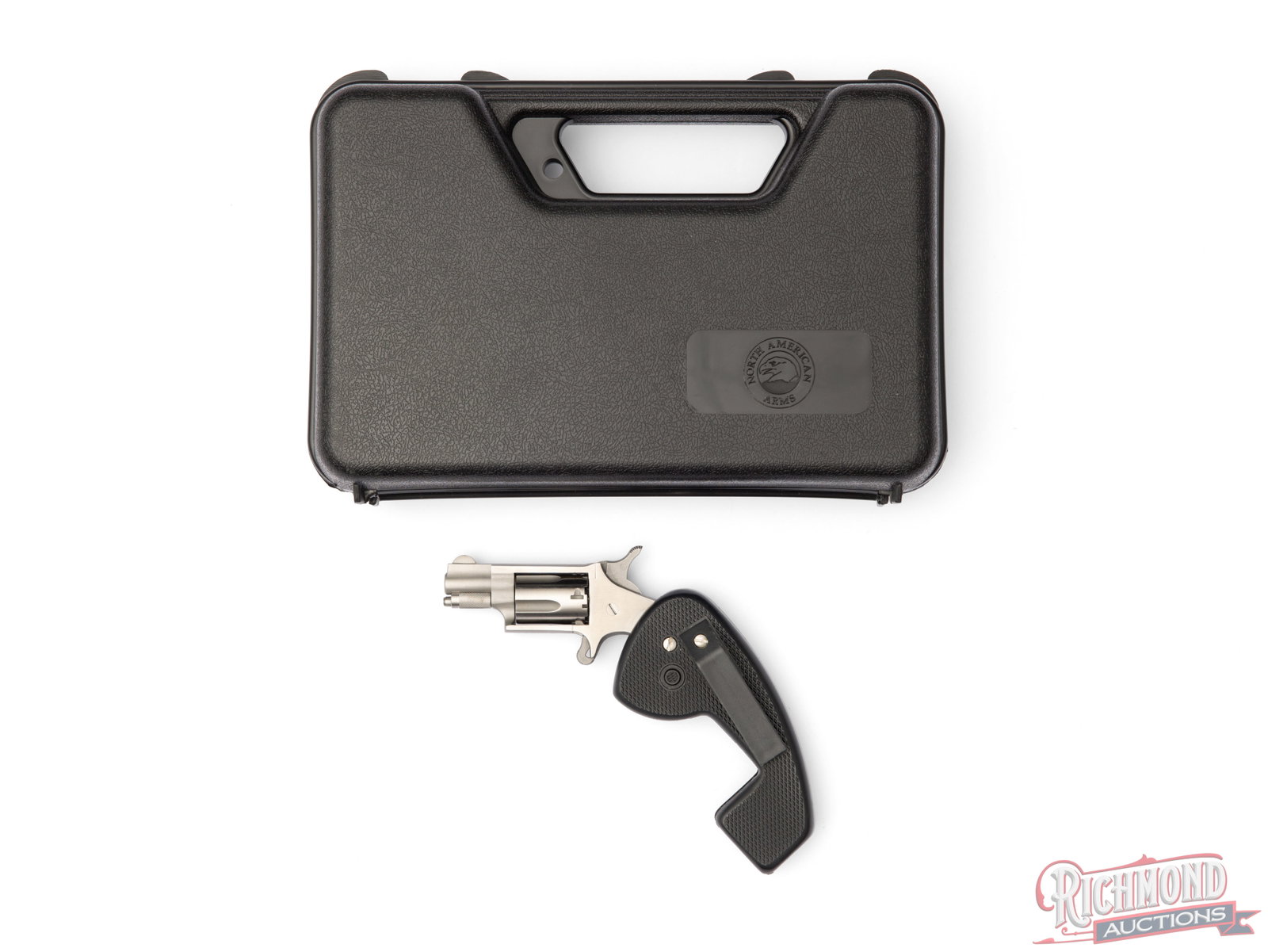 North American Arms Mini 22 Revolver .22 Long Rifle: This revolver was made by North American Arms in Provo, UT and chambered in .22 LR. This single action features a 5 round cylinder and 1" barrel. It is fitted with a folding polymer grip and trigger