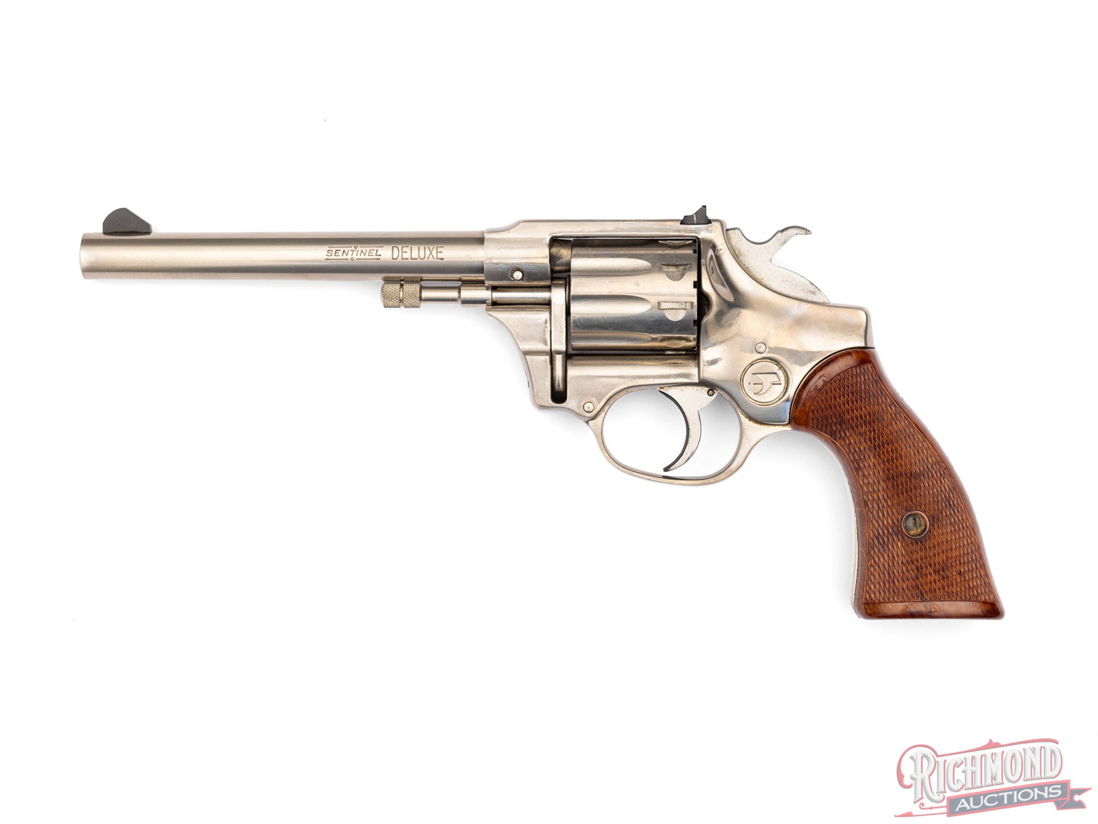 High Standard R-107 Sentinel Deluxe Double Action .22 LR 9-Shot Revolver: Manufactured by High Standard Mfg between 1967 and 1975. Features a 6" barrel with a rear dovetailed notch and blade front sight. Double/single action with a 9-round fluted cylinder chambered for .22