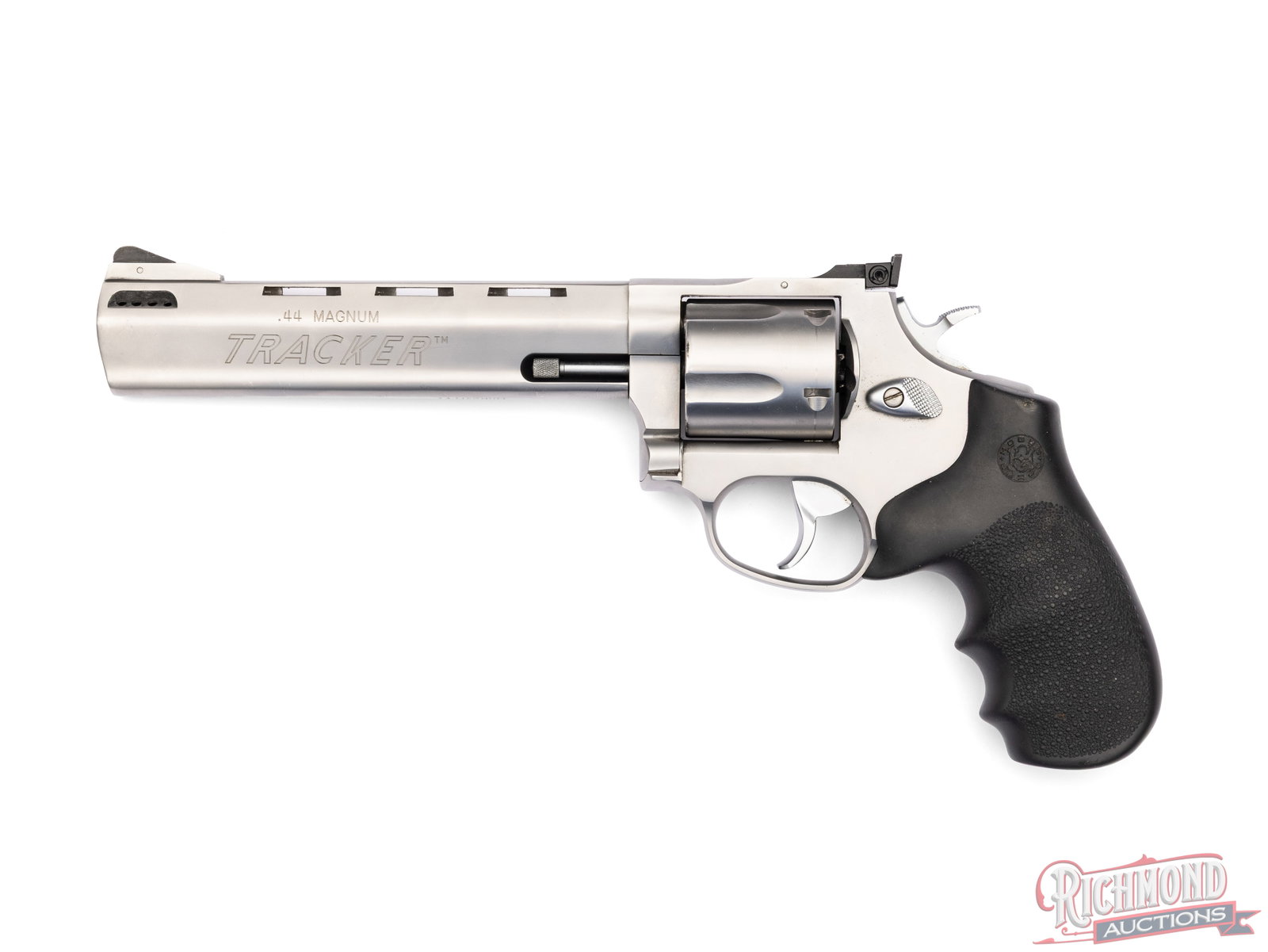Taurus Tracker .44 Magnum 5 Shot Double Action Revolver: This double action revolver was made by Taurus in Brazil and chambered in .44 Magnum. It features a 6 1/2" ported barrel with ramp front sight and adjustable square notch rear sight. It is fitted