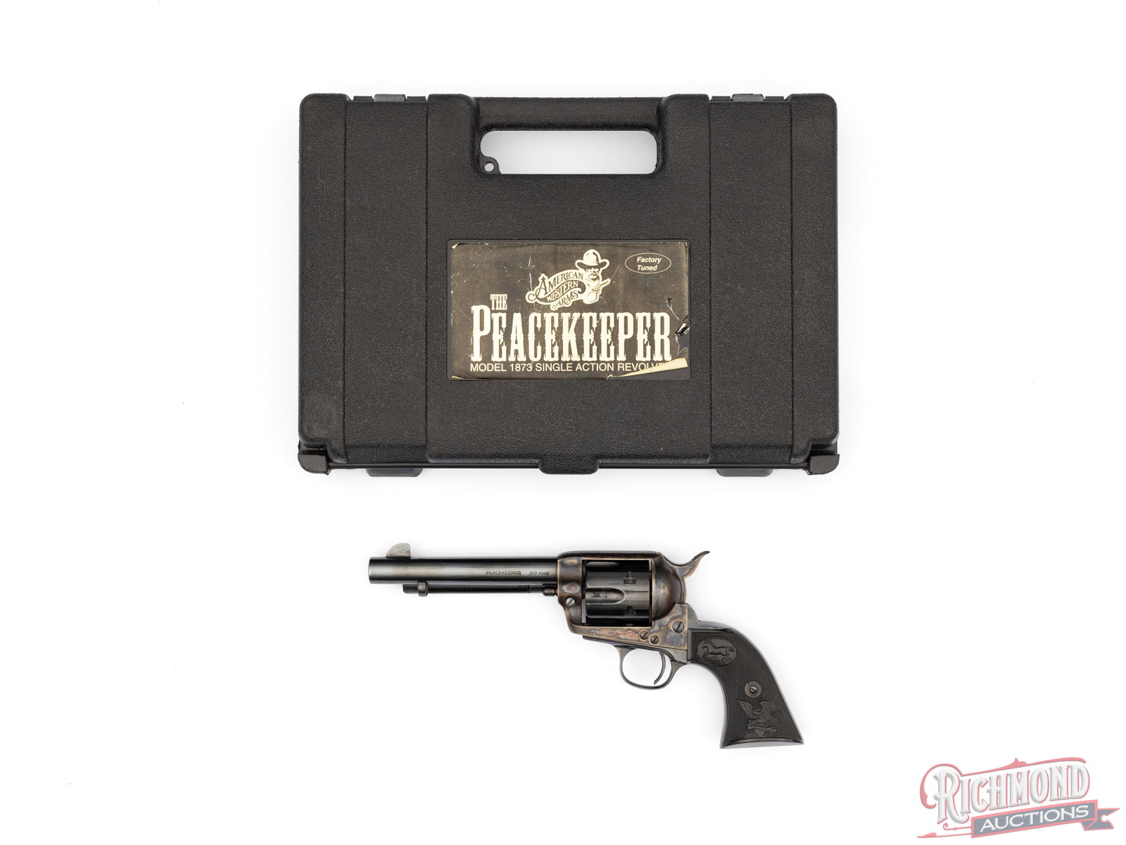 American Western Arms 1873 Single Action .357 MAG Peacekeeper Revolver In Original Case: Manufactured in Italy for American Western Arms. This Colt single action clone features a 5-1/2" blued barrel, rear integrated notch and blade front sight. Case hardened frame with a 6-round blued