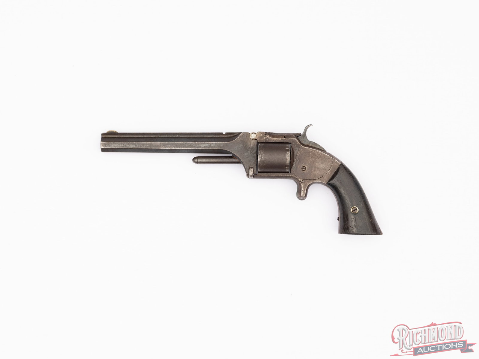 Antique Smith & Wesson Tip-Up Model 2 "Old Army" .32 Rimfire Single Action Revolver: Manufactured by Smith & Wesson circa late 1860's. Features a 6" raised rib octagon barrel with rear notch in cylinder stop leaf and silver front blade. Tip-up barrel with a replaced top hinge. Single