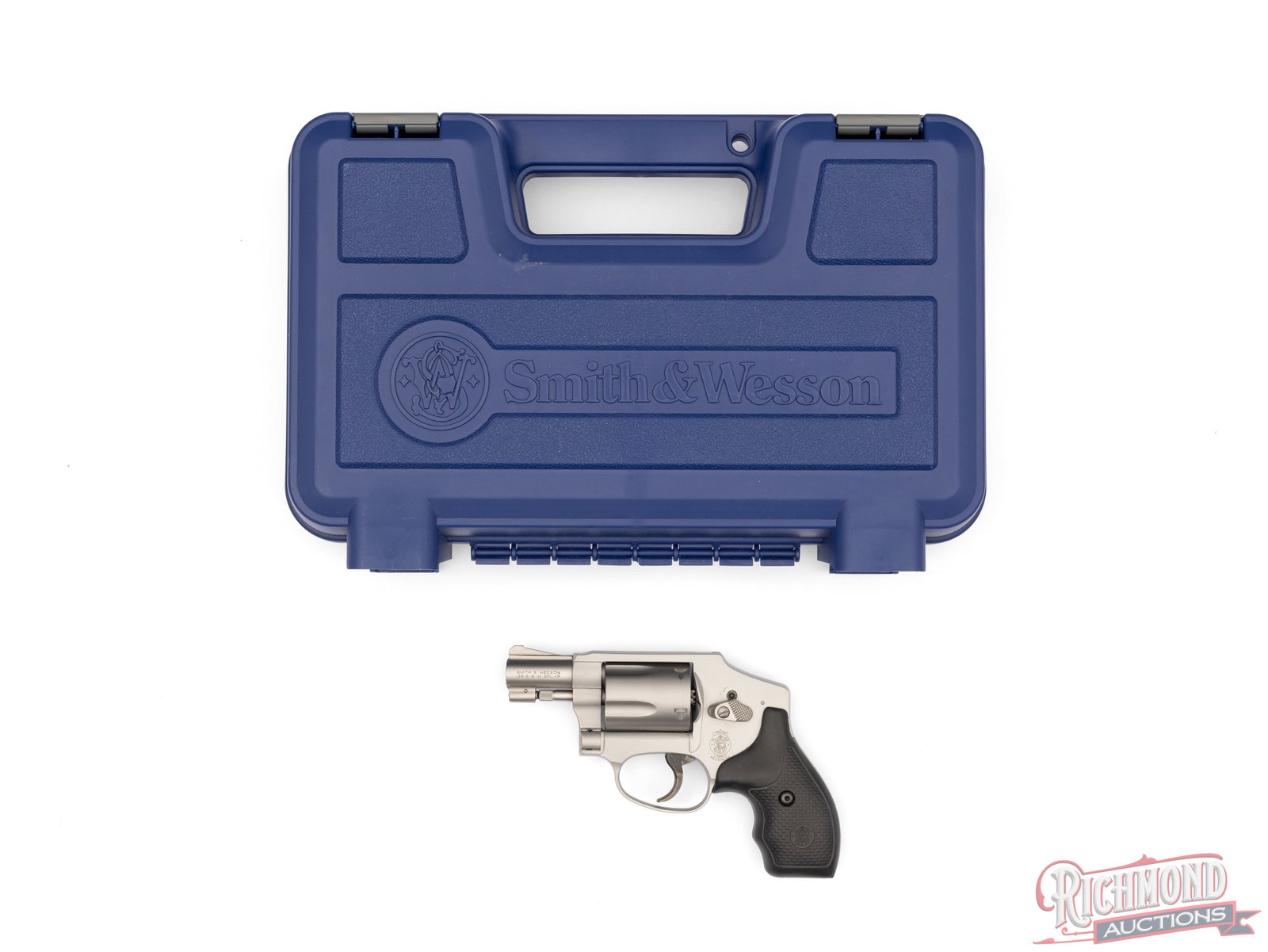 Smith & Wesson Airweight Model 642-2 Double Action .38 SPL+P Revolver In Original Case: Manufactured by Smith & Wesson in 2012. This snub nose revolver features a 1-7/8" barrel with rear integrated notch and serrated blade front sight. Double action only with a shrouded hammer. Five