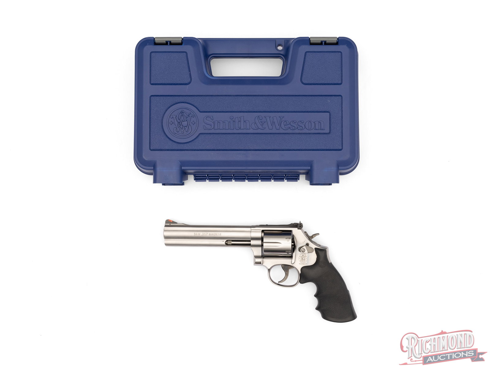Smith & Wesson Model 686-6 Double Action .357 Magnum Revolver In Original Case: Manufactured by Smith & Wesson circa 2010. This revolver features a 6" barrel with rear micrometer adjustable notch and ramped blade with orange inset front sight. Full barrel length underlug. Double/