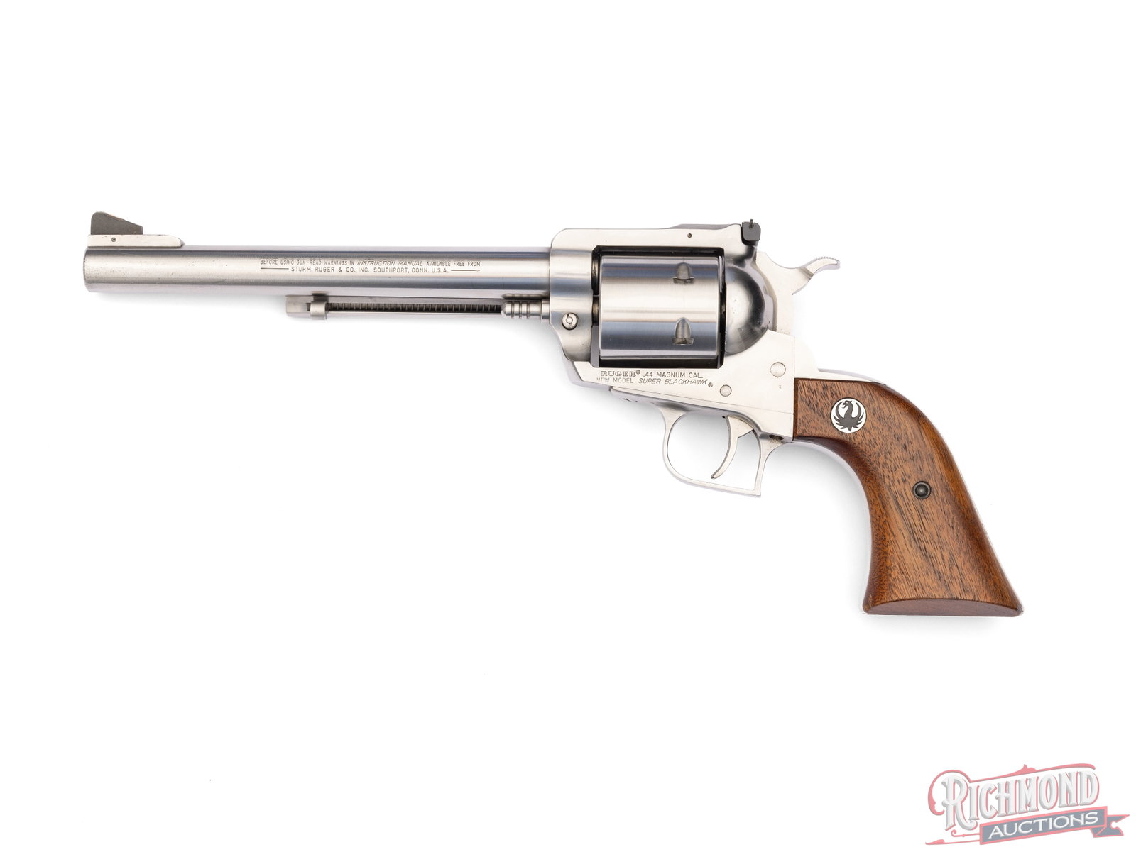 Ruger New Model Super Blackhawk Single Action .44 MAG Stainless 7-1/2" Revolver: Manufactured by Ruger in 1988. Features a 7-1/2" barrel with rear micrometer notch and ramped blade front sight. Single action with a six round non-fluted cylinder chambered for the .44 Magnum