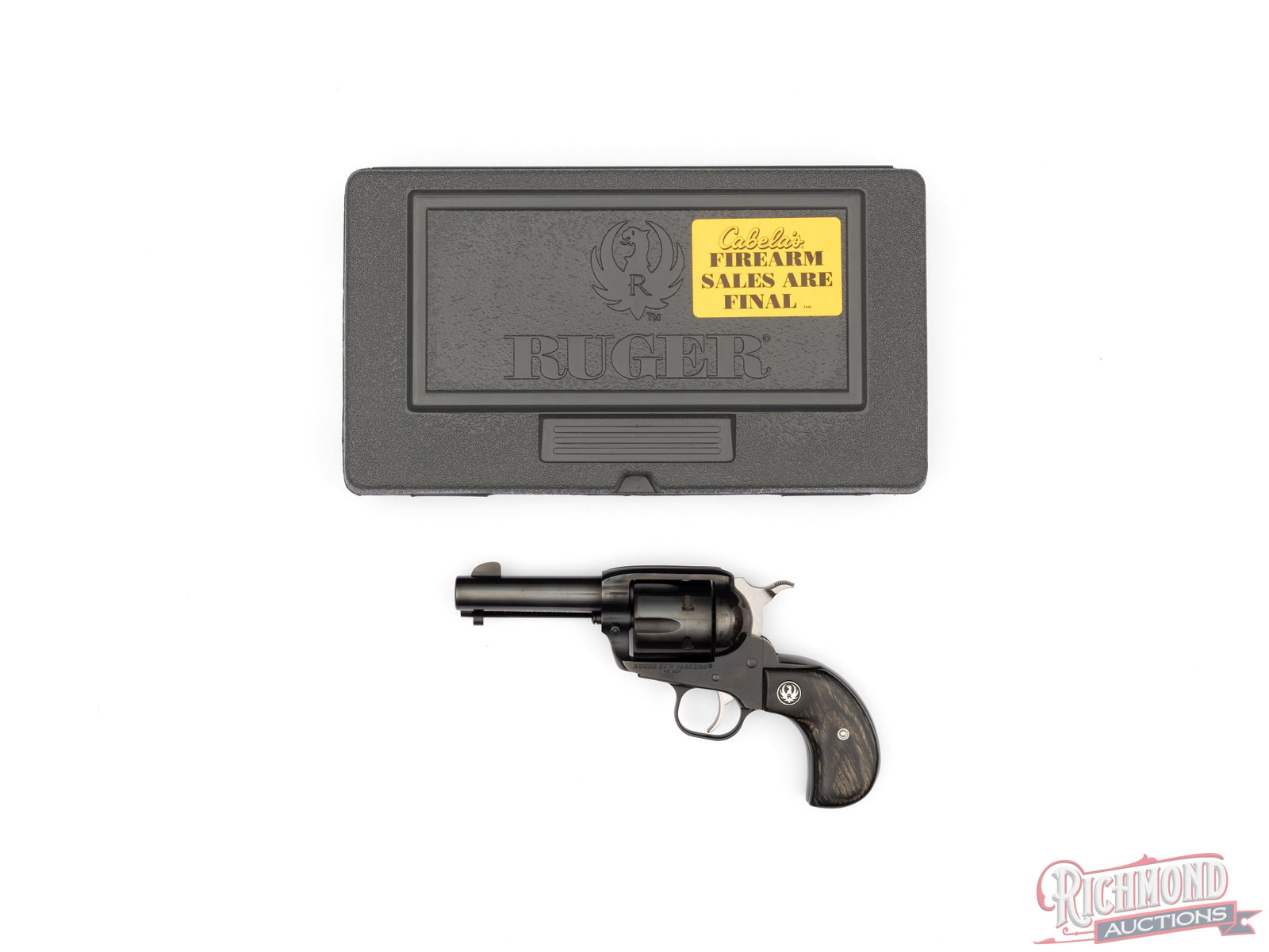 Ruger New Vaquero Talo Exclusive Single Action .45 ACP Revolver In Original Case: Manufactured by Ruger in 2014 as a Talo distributor exclusive. Features a 3-3/4" barrel with rear integrated notch and blade front sight. Single action with a six round fluted cylinder chambered for t