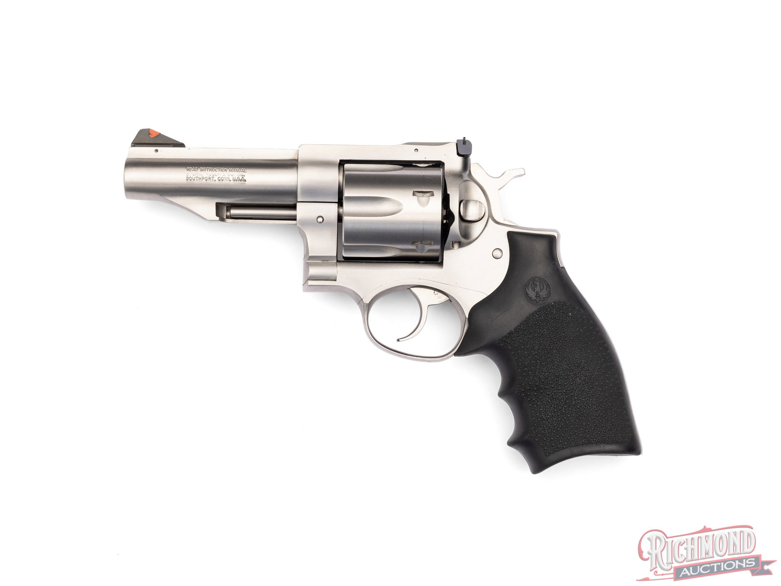 Ruger Redhawk .44 Magnum Stainless Double Action 4" Revolver: Manufactured by Ruger in 2007. Features a 4" barrel with rear micrometer adjustable notch and blade with orange insert front sight. Double/single action with a 6-round fluted swing-out cylinder.