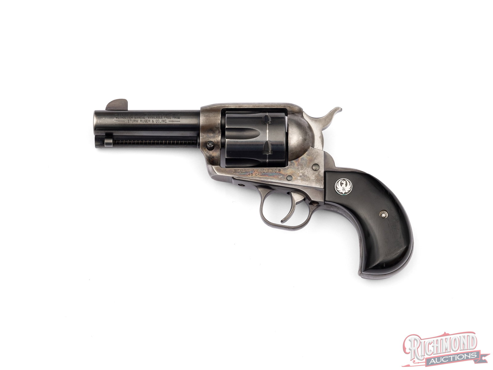 Ruger Vaquero .45 Caliber Revolver With Birds head Grip 3 1/2" Barrel: This Vaquero model revolver was made by Ruger and is marked .45 caliber. It features a 3 1/2" barrel with a blade front sight with a 6 round cylinder. This revolver features a birds head grip with