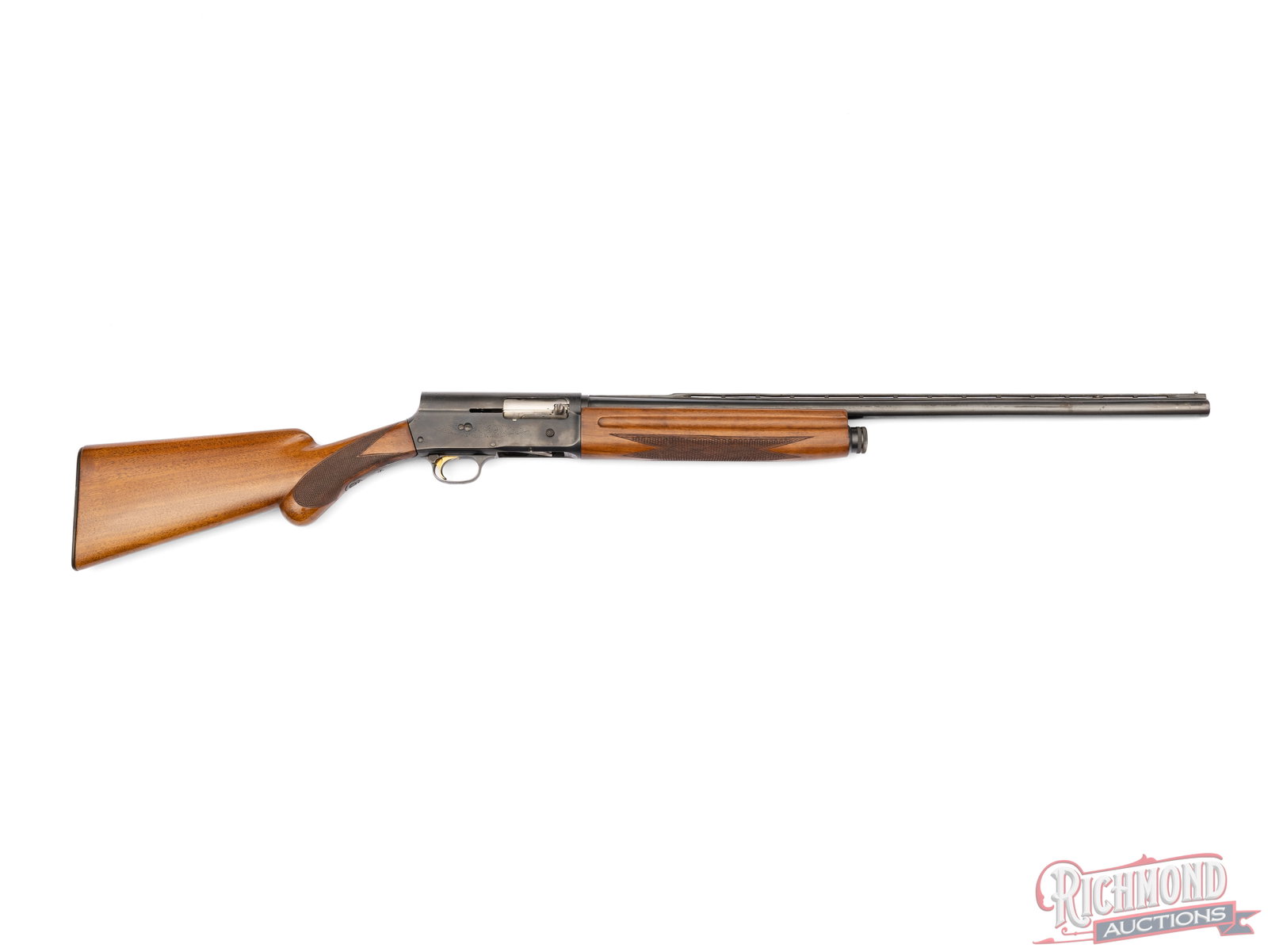 1964 Browning A-5 Sweet Sixteen 16 GA Semi-Auto Shotgun Ventilated Rib: Manufactured by Browning in 1964. Features a 25" blued raised ventilated rib barrel with nickel bead front sight and Improved Modified choke. Appears to have been re-barreled, unmarked. Semi-auto